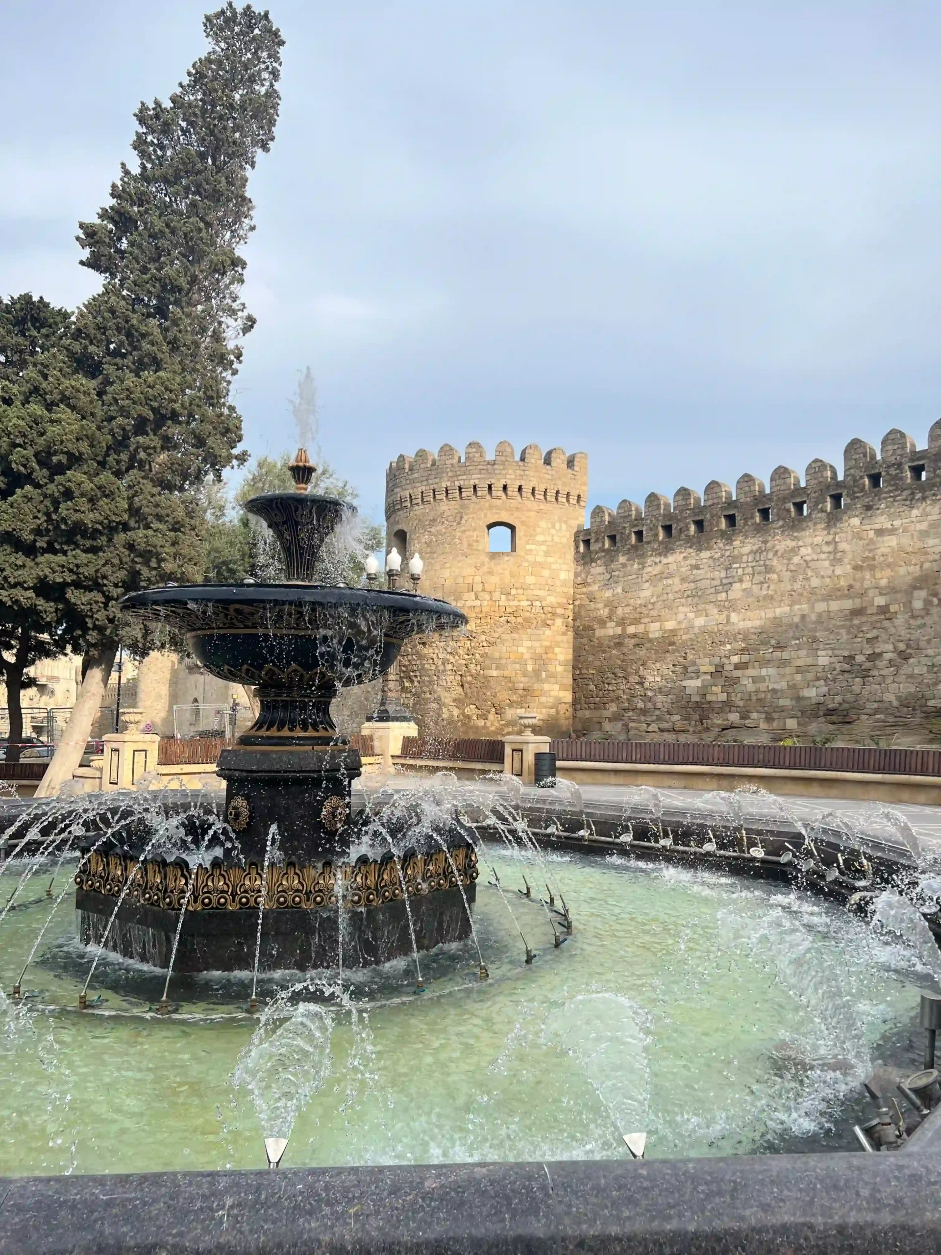 Historic fortress walls beside the narrow Old City section used by the Baku Formula 1 circuit