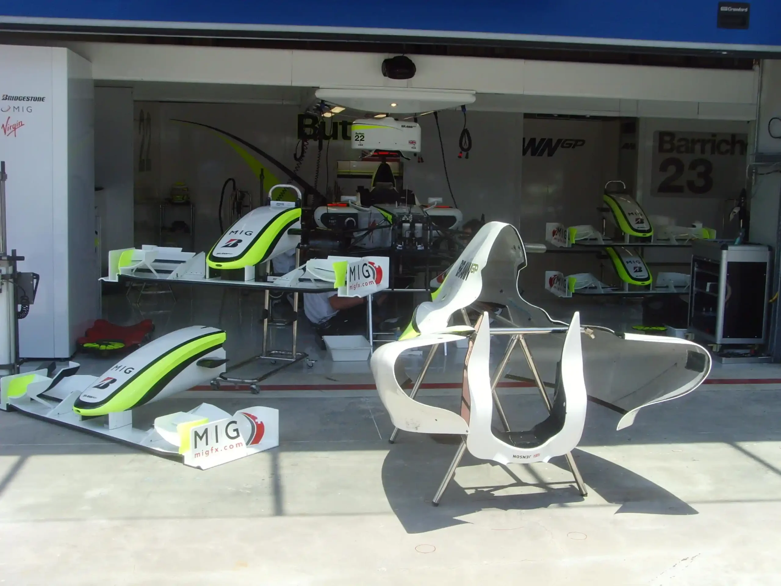 Brawn BGP 001 front wings and bodywork outside the team garage during the 2009 Turkish Grand Prix
