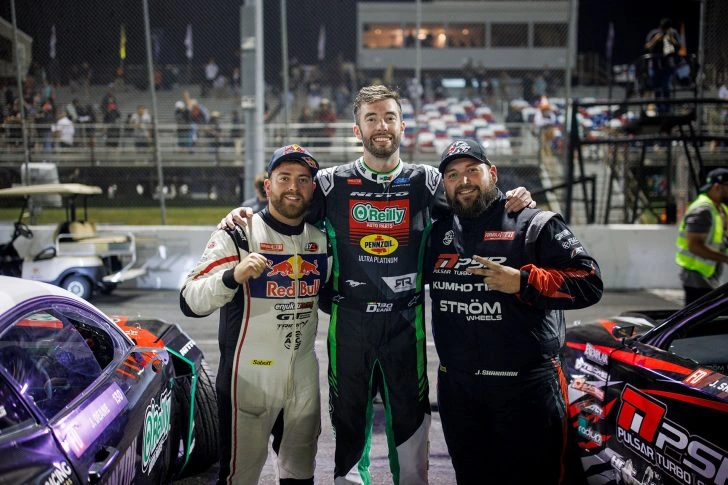 Conor Shanahan, James Deane and Jack Shanahan celebrating the all-Irish Formula DRIFT podium at Stafford