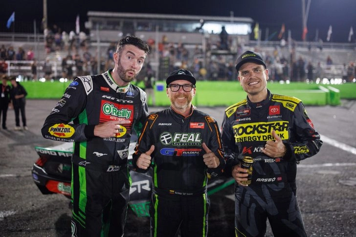 James Deane Aurimas Bakchis and Fredric Aasbo after the 2026 Formula DRIFT Orlando podium