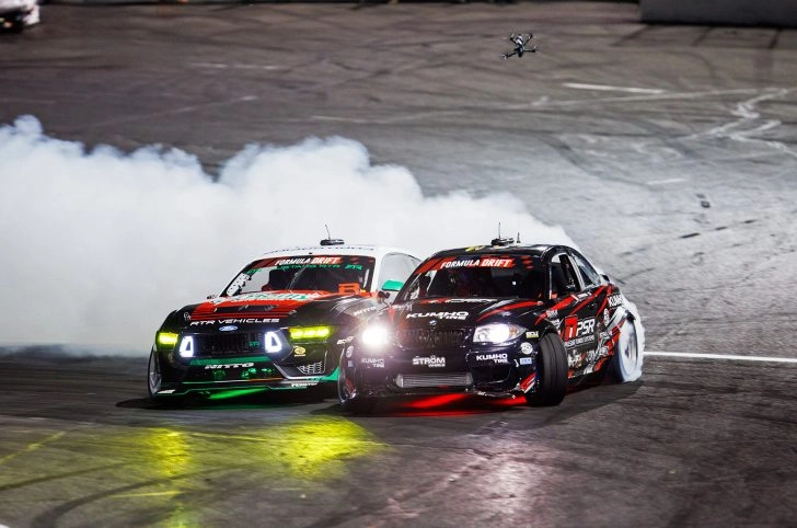 James Deane and Jack Shanahan running close tandem lines during the 2026 Formula DRIFT Stafford final