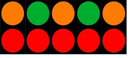 Static diagram of five Formula 1 red starting lights above the grid