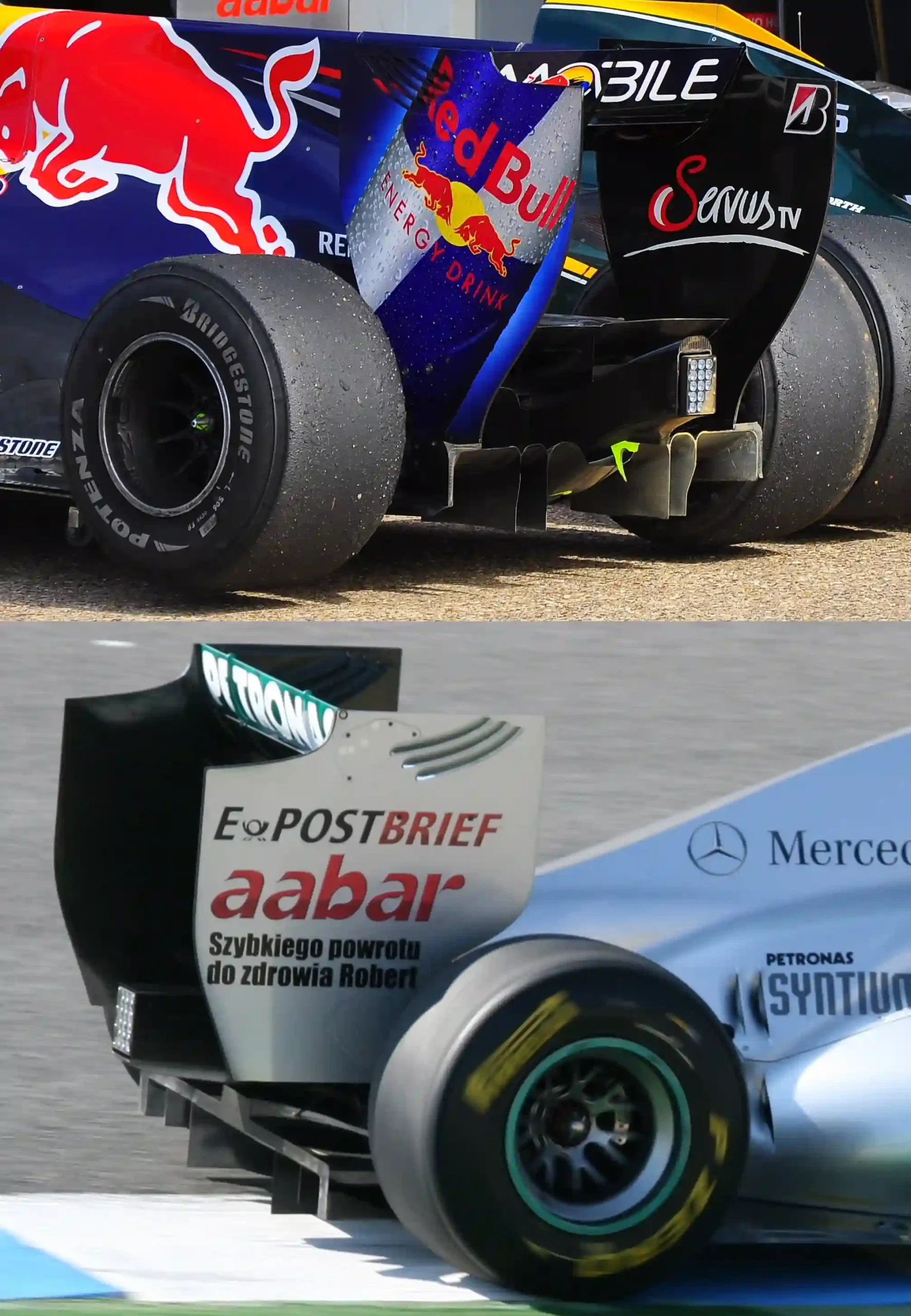 Comparison of the rear of a 2010 Red Bull and a 2011 Mercedes Formula 1 car