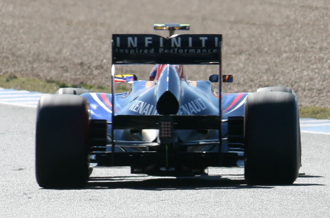 Rear view of the Red Bull RB8 Formula 1 car during testing at Jerez in 2012