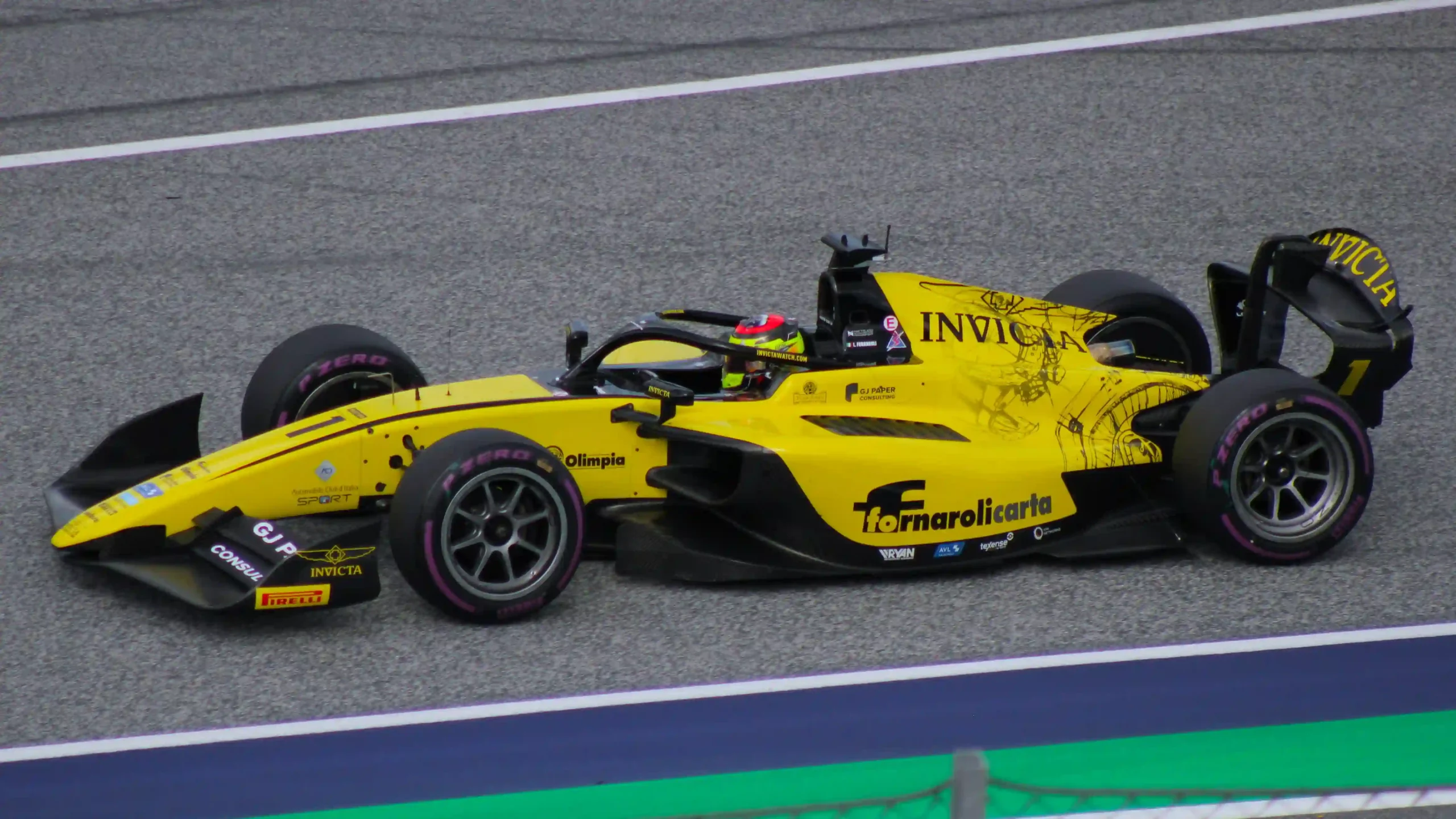 Leonardo Fornaroli driving an Invicta Racing Formula 2 car in Austria in 2025