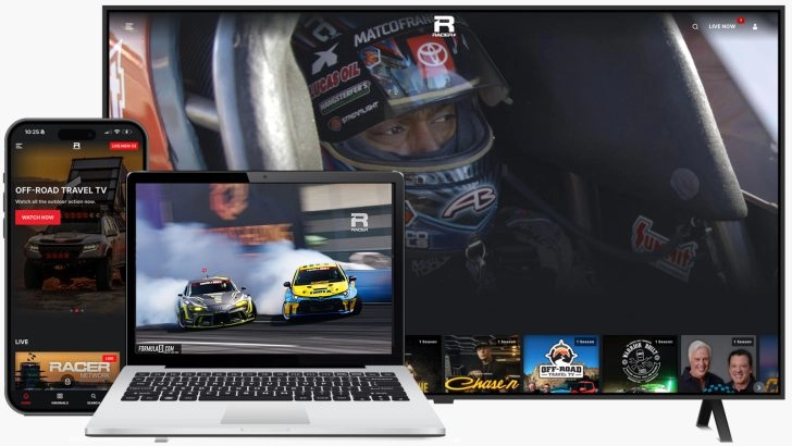 RACER Network and RACER Plus Formula DRIFT streaming shown on television laptop and phone screens