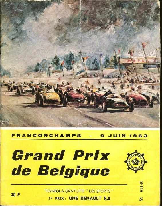 Formula 1 cars racing at the Belgian Grand Prix at Spa-Francorchamps in 1963