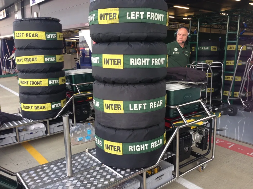 Formula 1 tires wrapped in electric tire blankets at the 2013 British Grand Prix