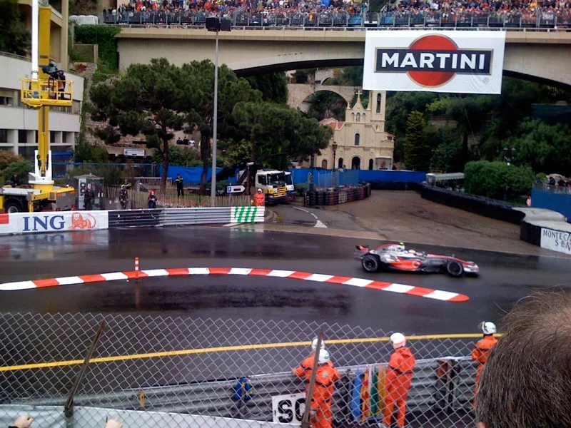 Lewis Hamilton driving a McLaren through Sainte Devote during the 2008 Monaco Grand Prix