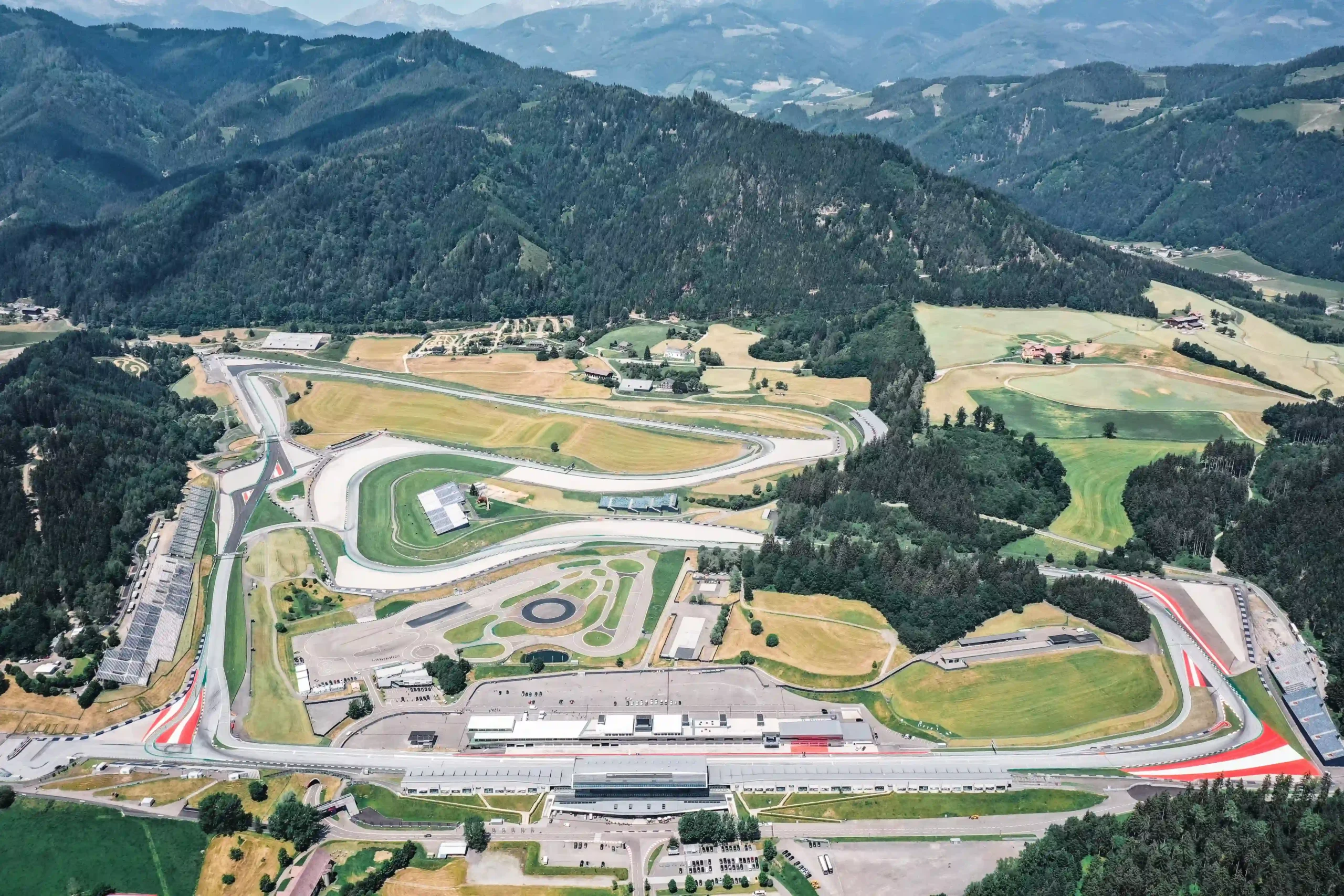 Aerial view of the Red Bull Ring showing its short layout and runoff areas