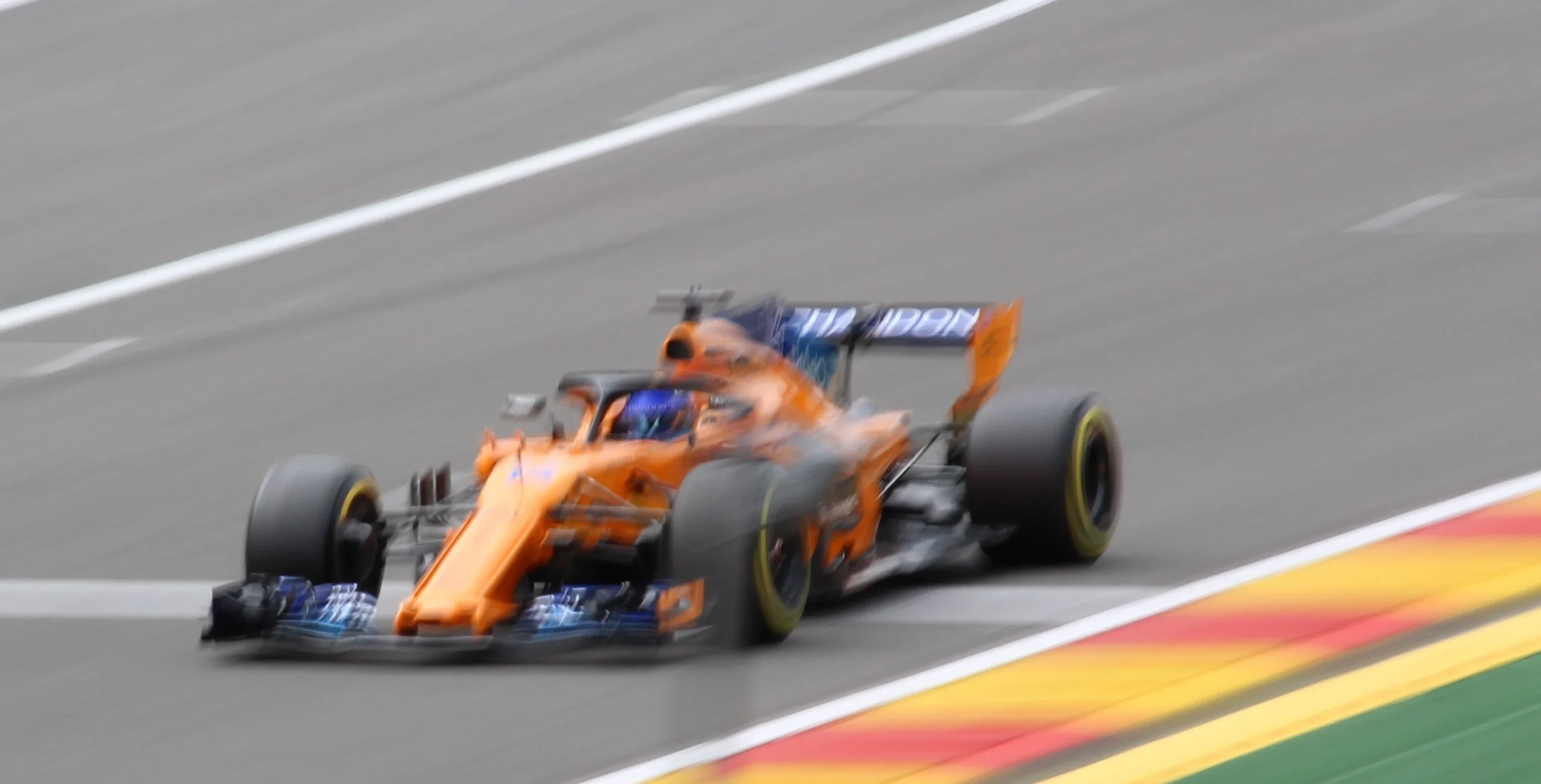 Fernando Alonso driving the McLaren MCL33 with its mandatory Halo during the 2018 Belgian Grand Prix