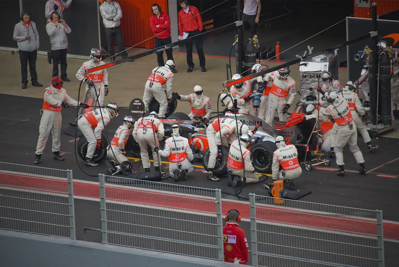 McLaren MP4-24 Formula 1 pit stop practice at Barcelona in 2009