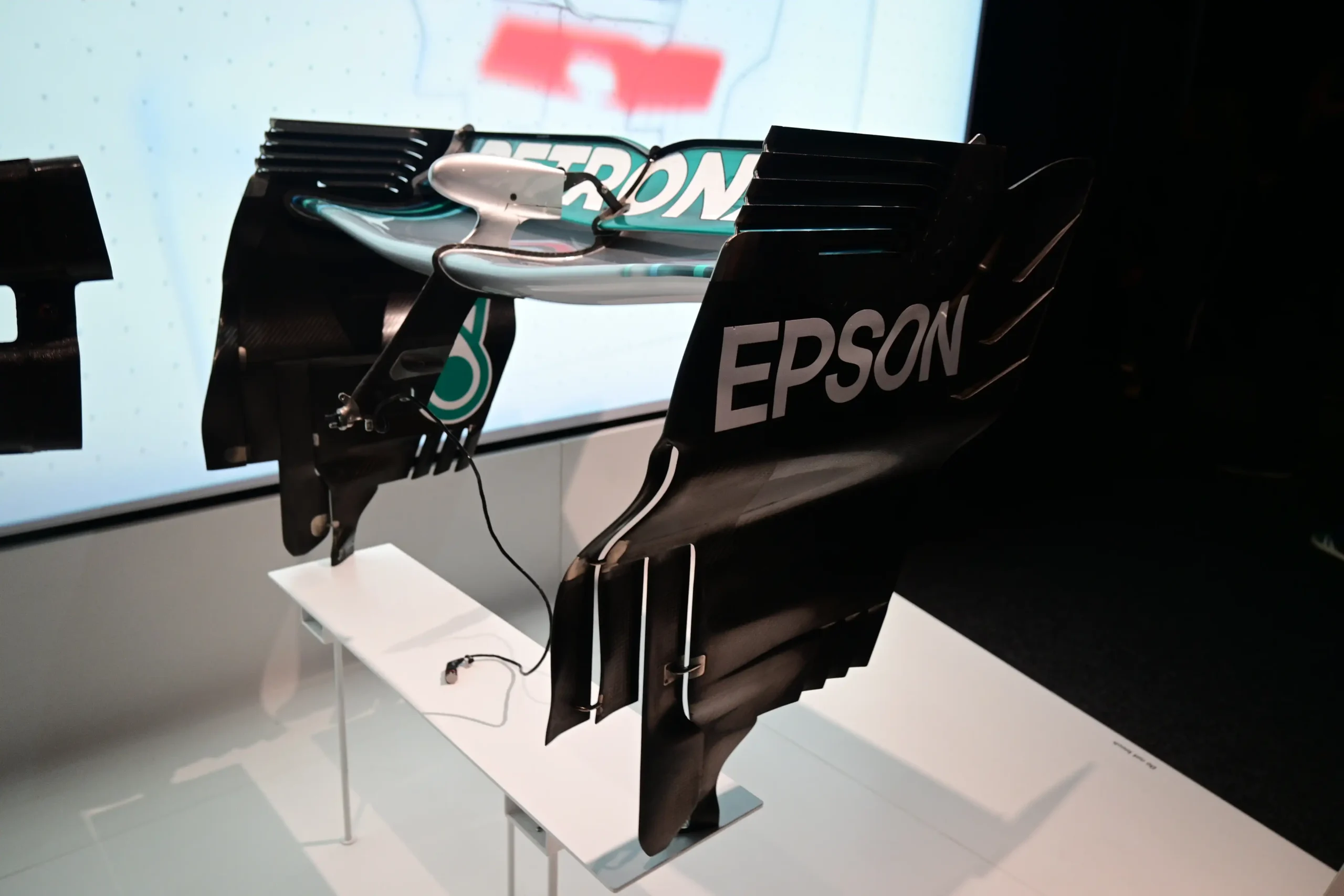 Close view of the DRS-equipped rear wing from a Mercedes W09 Formula 1 car