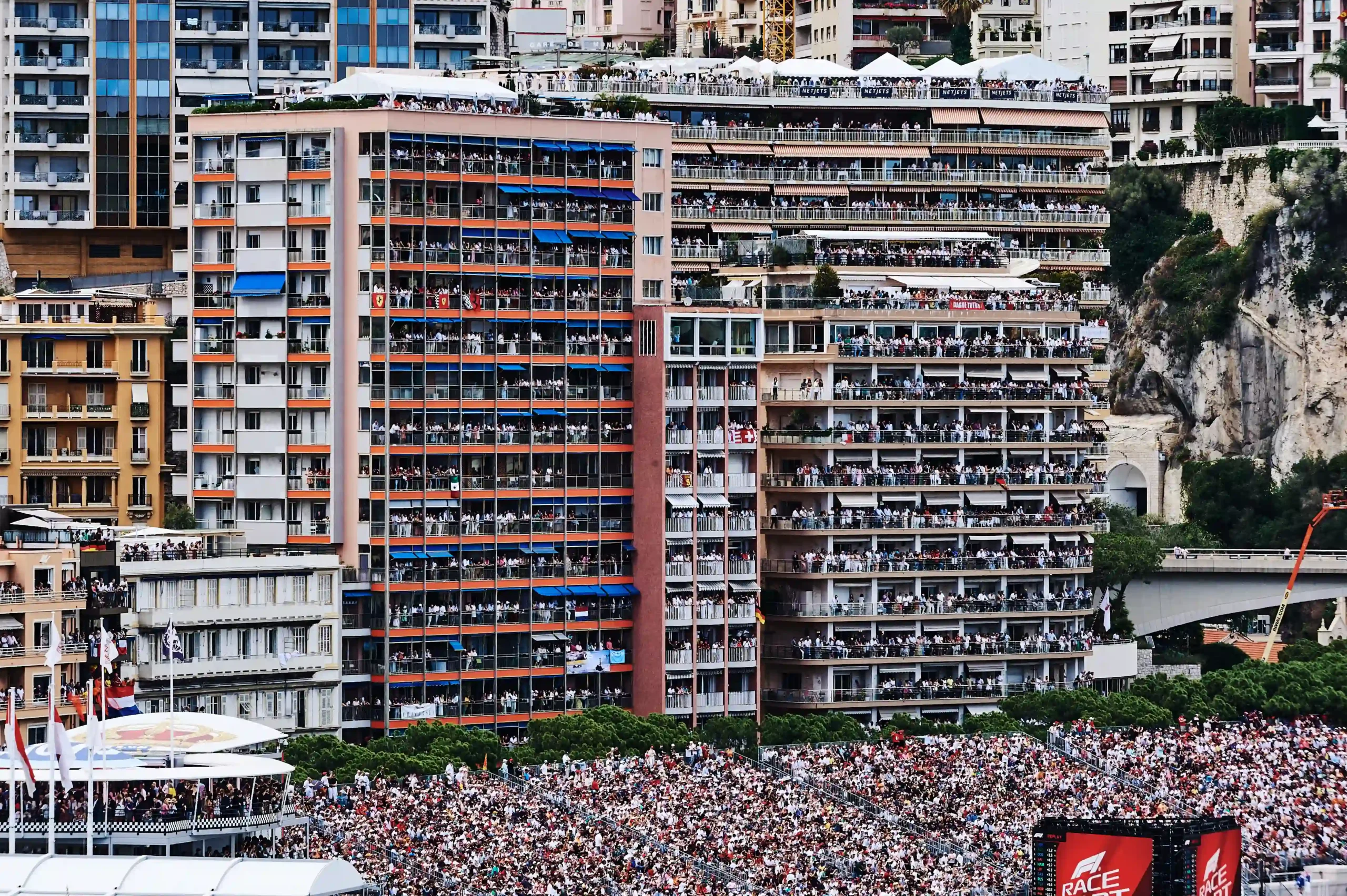 Crowds fill balconies and grandstands during the 2023 Monaco Grand Prix