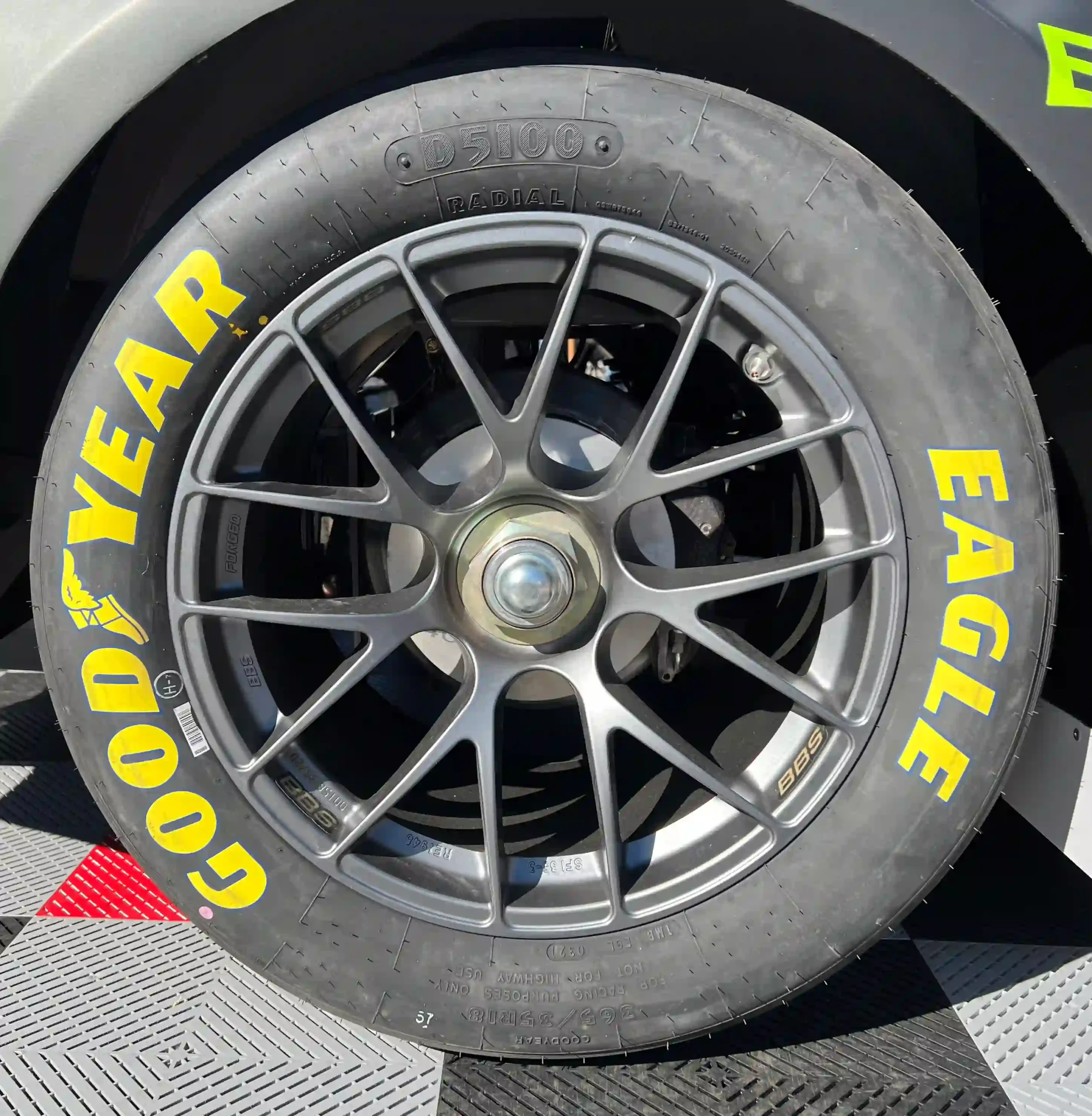 Close view of a NASCAR Next Gen 18-inch BBS wheel and single center-lock nut