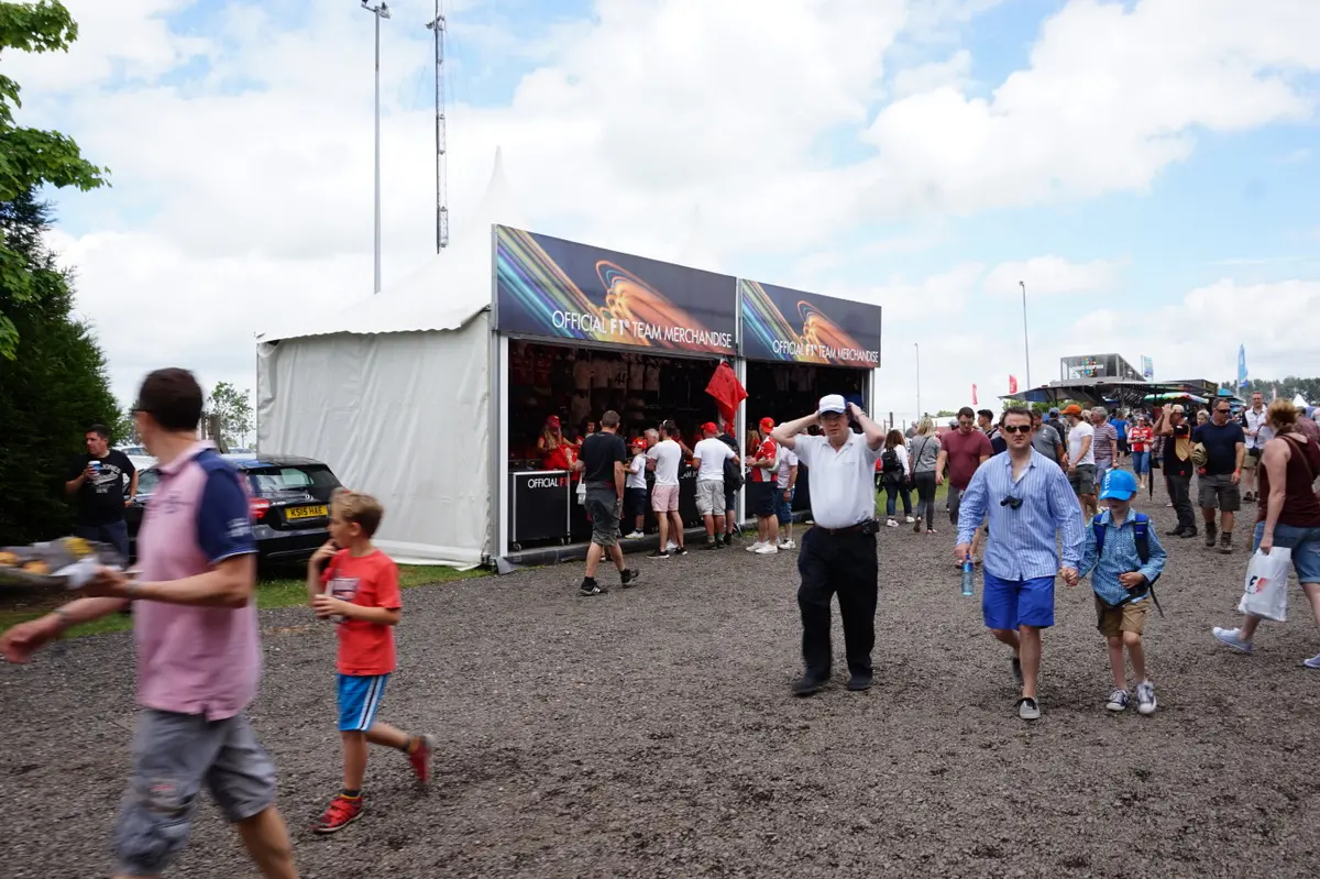 Official Formula 1 team merchandise stalls at Silverstone Circuit