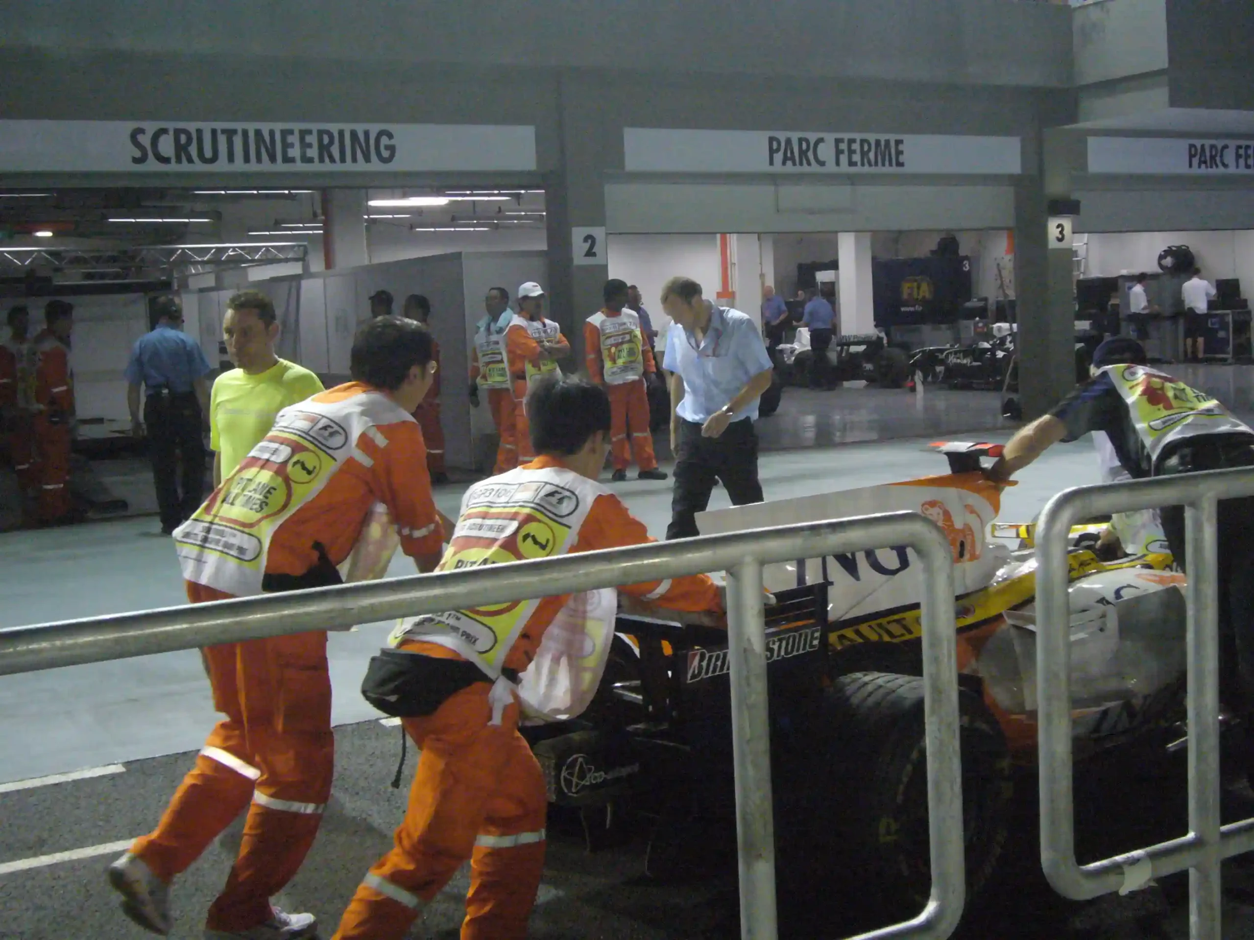 Parc fermé and scrutineering garages at the Marina Bay Street Circuit after the 2008 Singapore Grand Prix