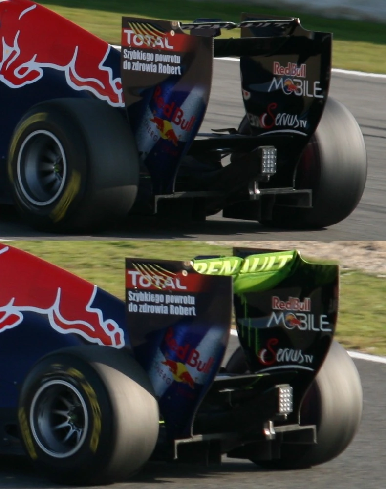 Comparison of the Red Bull RB7 adjustable DRS rear wing during 2011 testing
