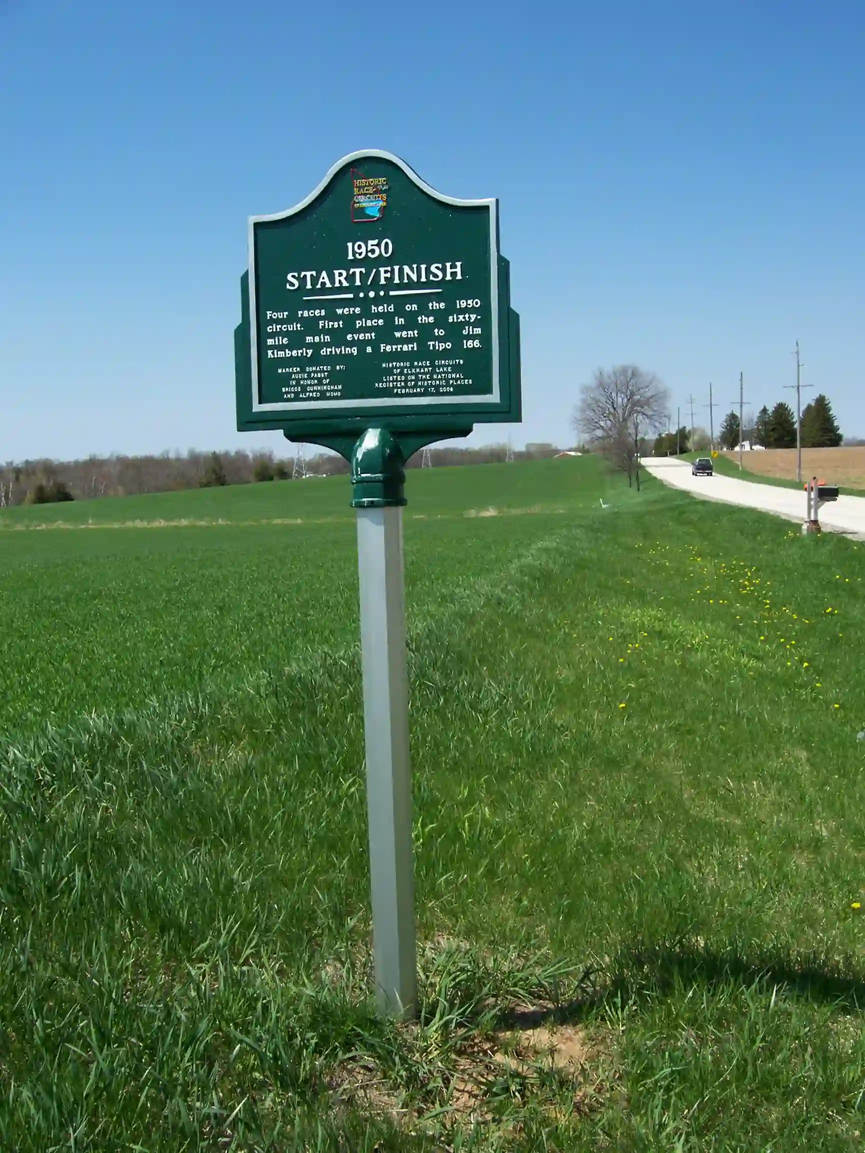 Historic marker for the original Road America start and finish line near Elkhart Lake