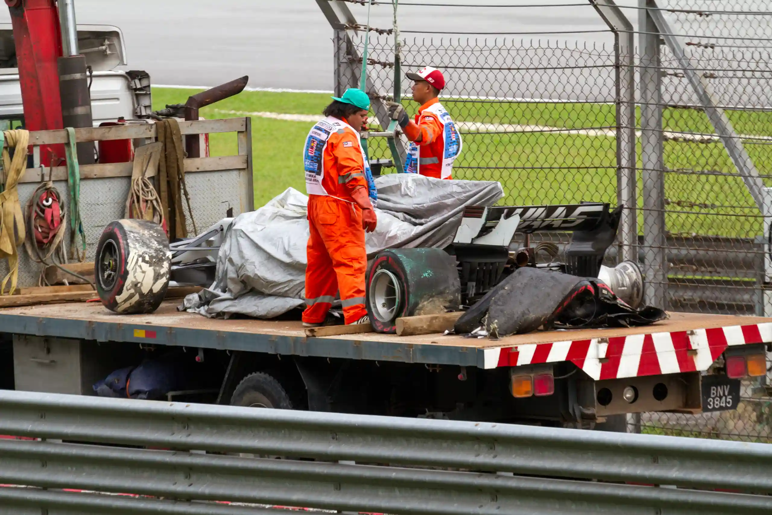 Damaged Haas Formula 1 car after Romain Grosjean's crash during practice for the 2017 Malaysian Grand Prix
