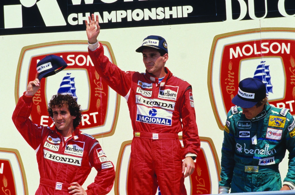 Ayrton Senna and Alain Prost together on the podium after the 1988 Canadian Grand Prix