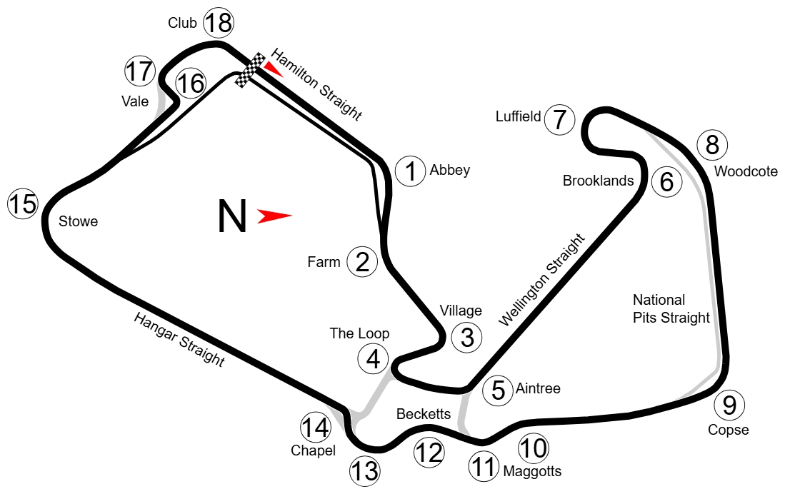Silverstone motorcycle Grand Prix circuit layout with the start and finish on Hamilton Straight