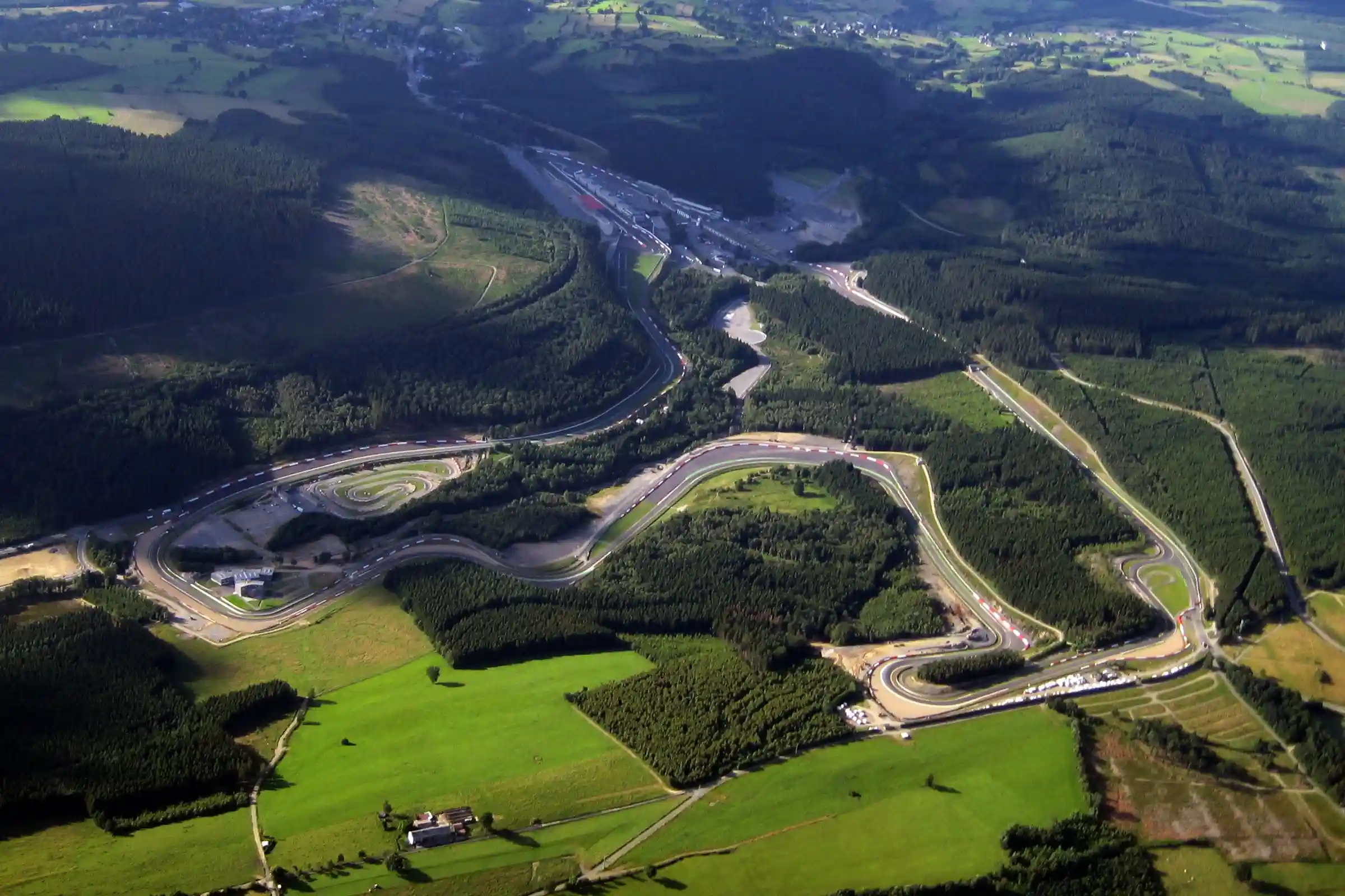 Aerial view of the Circuit de Spa-Francorchamps winding through the Belgian Ardennes