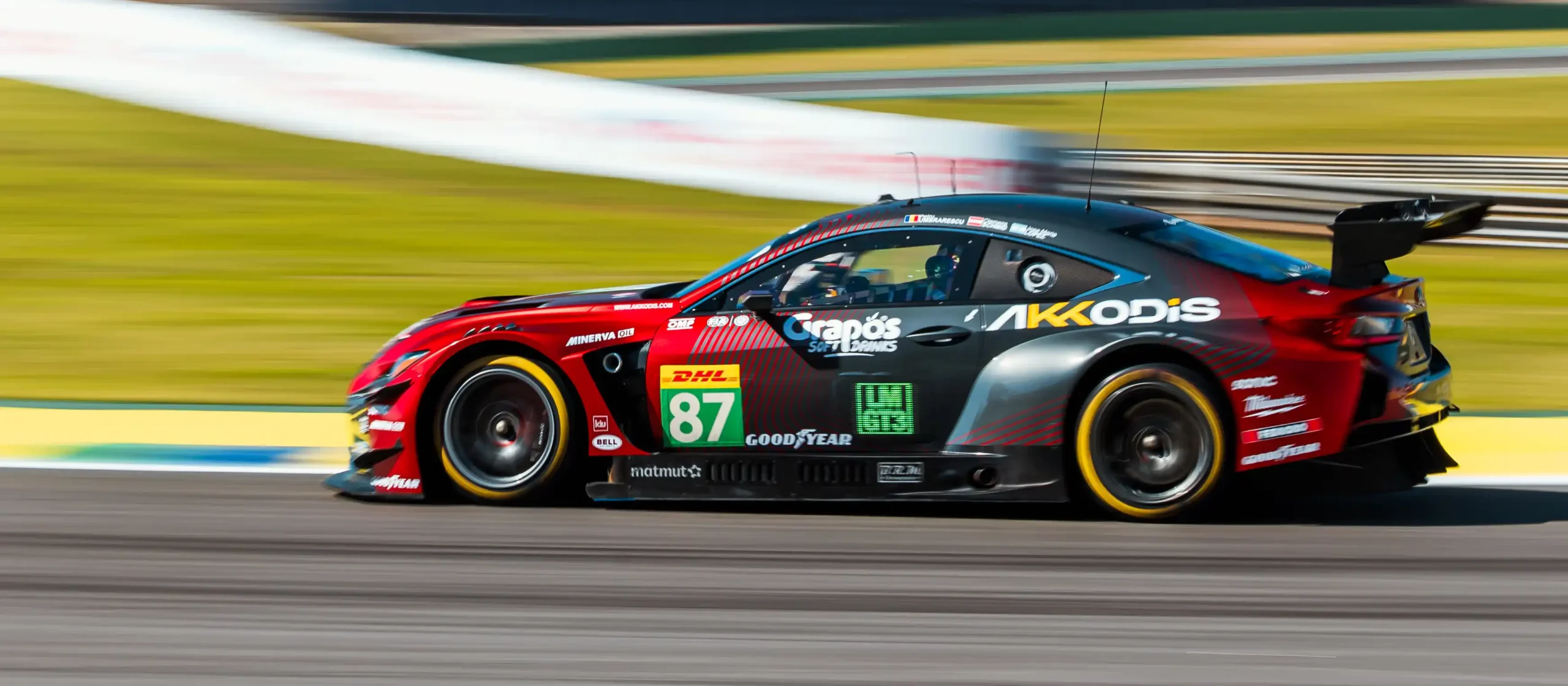 No. 87 Akkodis ASP Lexus RC F GT3 racing at speed during the 2026 6 Hours of São Paulo at Interlagos
