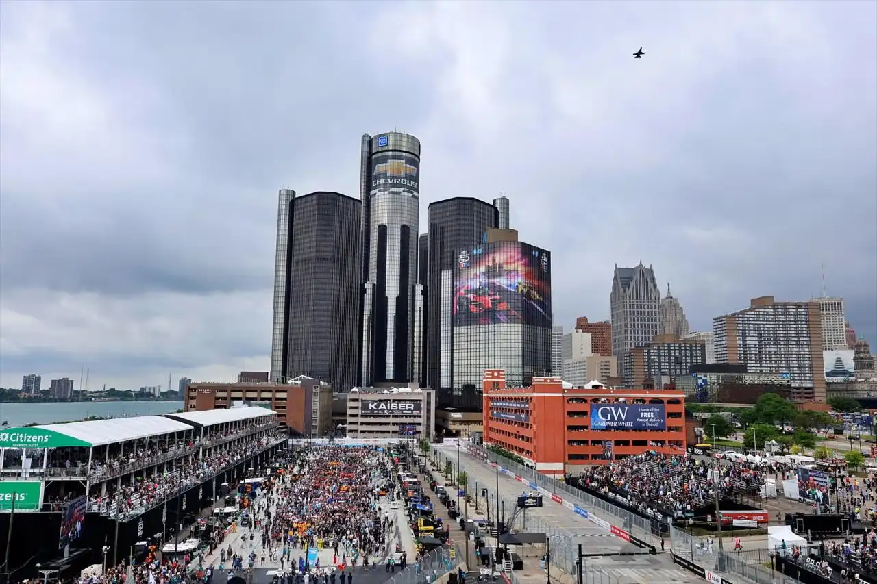 The Streets of Downtown Detroit featuring IndyCar's longest street-circuit straight