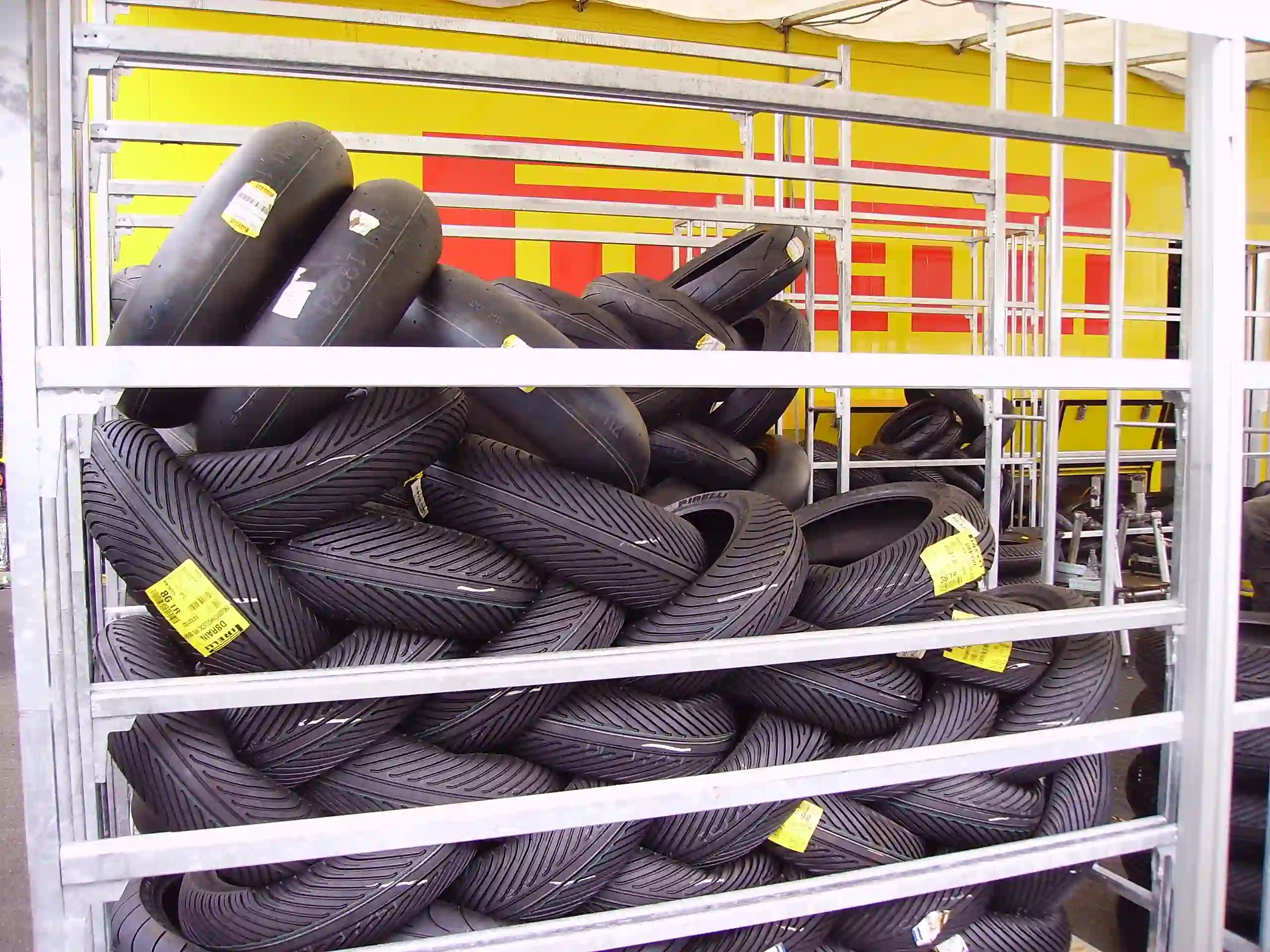 Pirelli slick and rain tires prepared for Superbike motorcycle racing at Magny-Cours