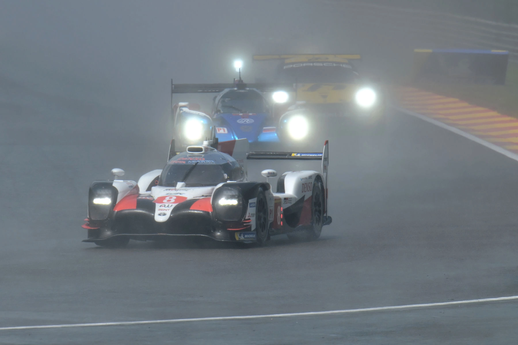 Toyota TS050 Hybrid racing through heavy rain at Spa-Francorchamps in 2019