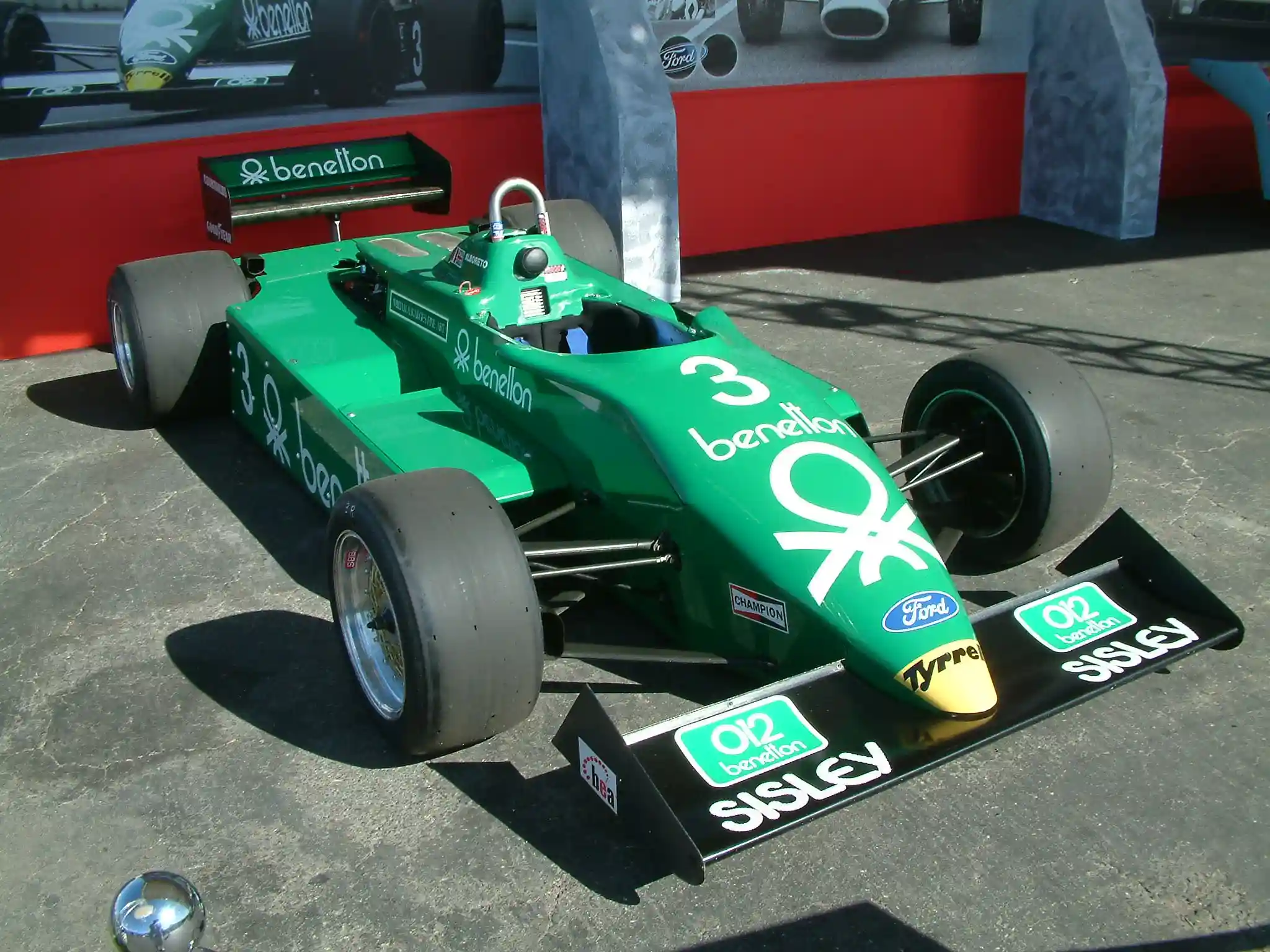 Tyrrell 011 Formula 1 car wearing its colorful 1983 sponsor livery