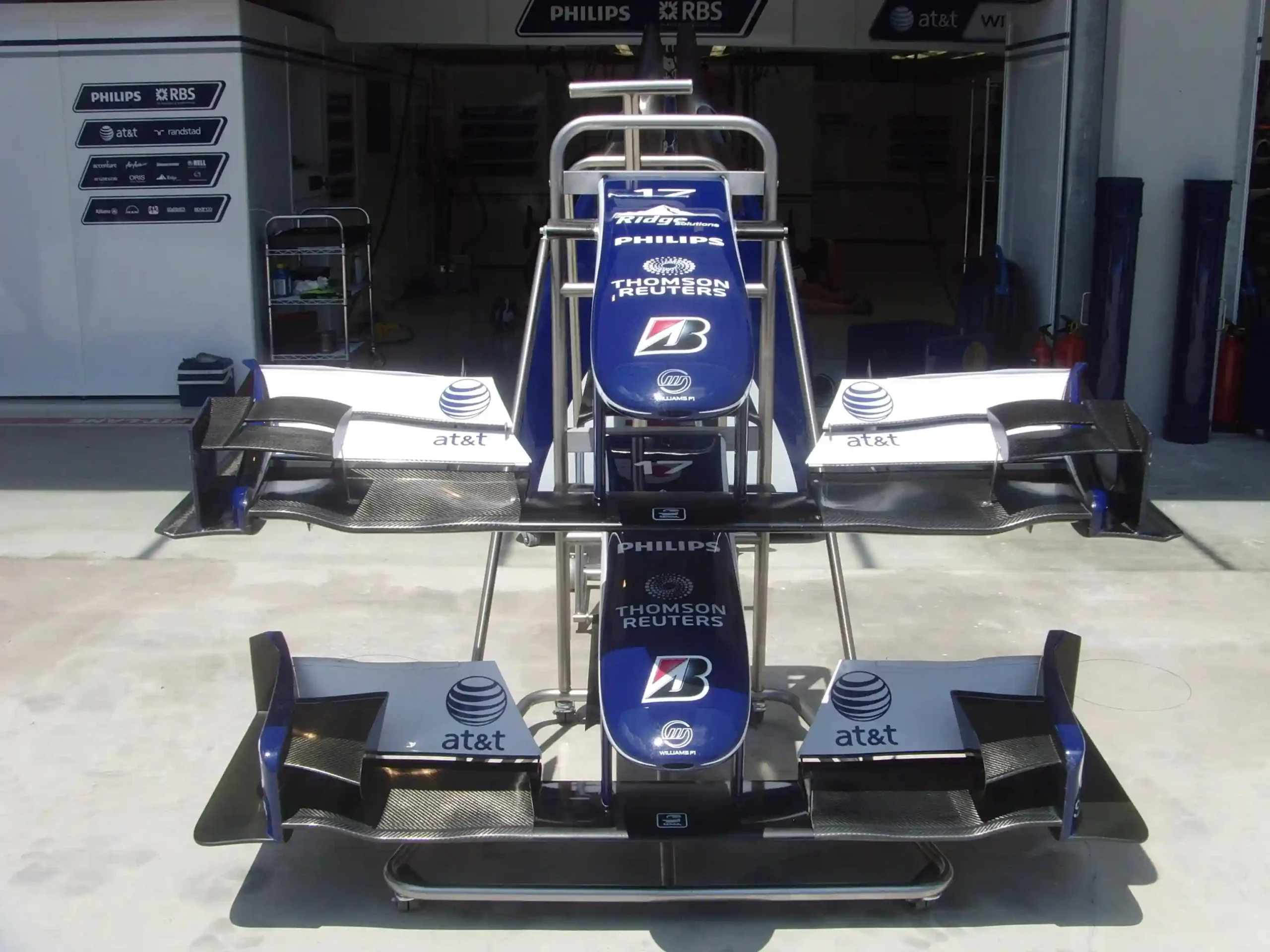 Williams Formula 1 front wings positioned outside the team garage at the 2009 Turkish Grand Prix