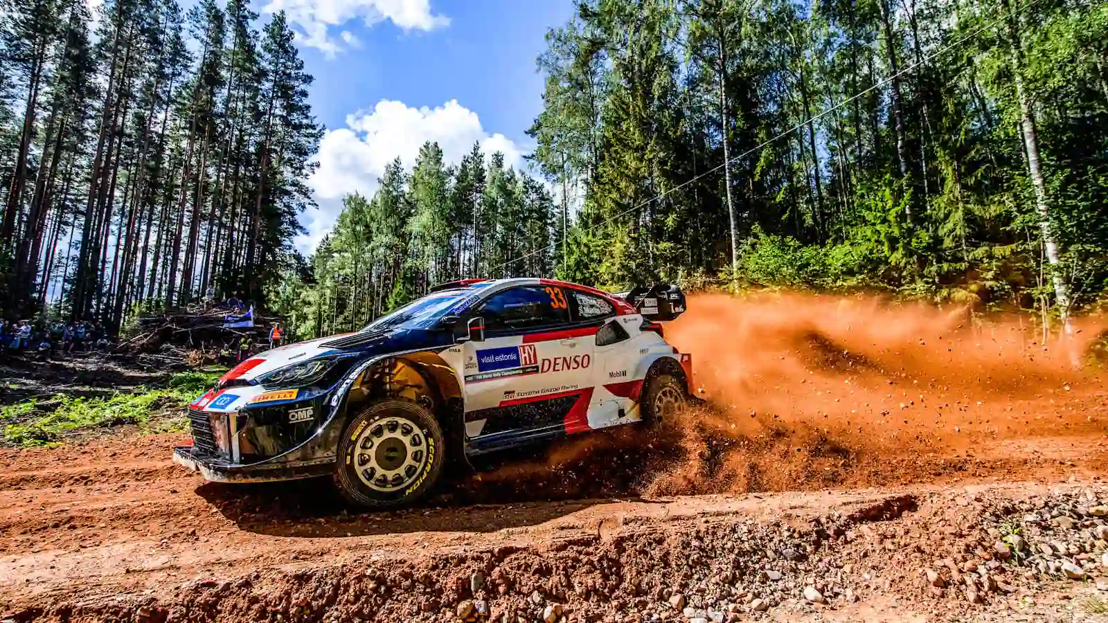 Elfyn Evans driving the Toyota GR Yaris Rally1 at speed on a gravel stage during WRC Rally Estonia