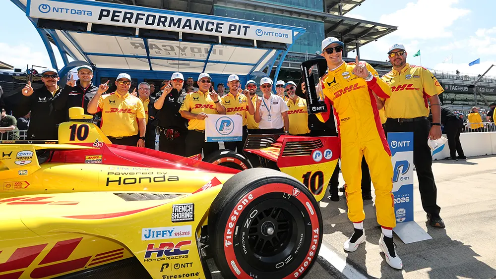 Alex Palou and Chip Ganassi Racing celebrating a 2026 INDYCAR pole position