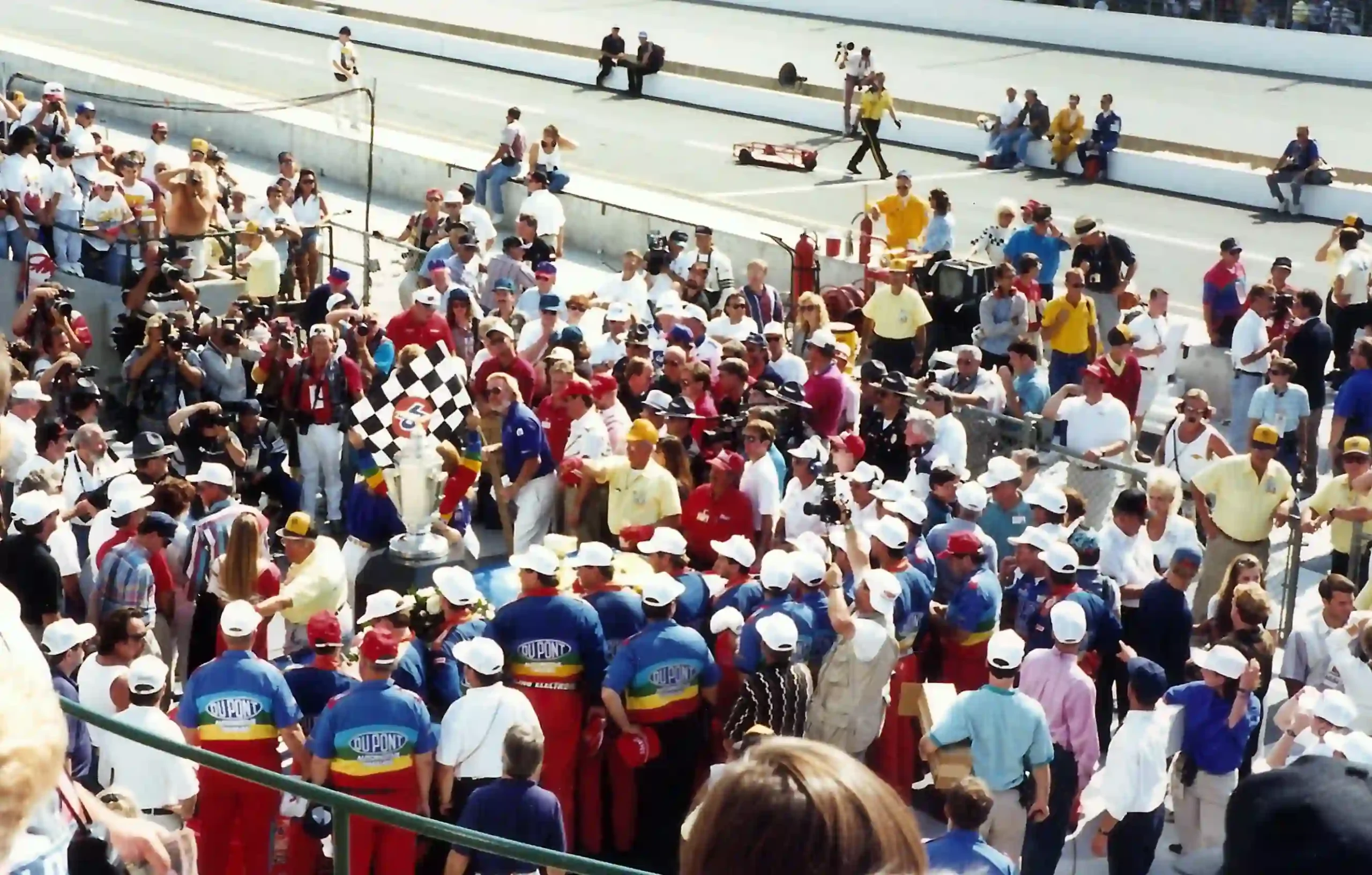 Jeff Gordon celebrates after winning the inaugural 1994 Brickyard 400