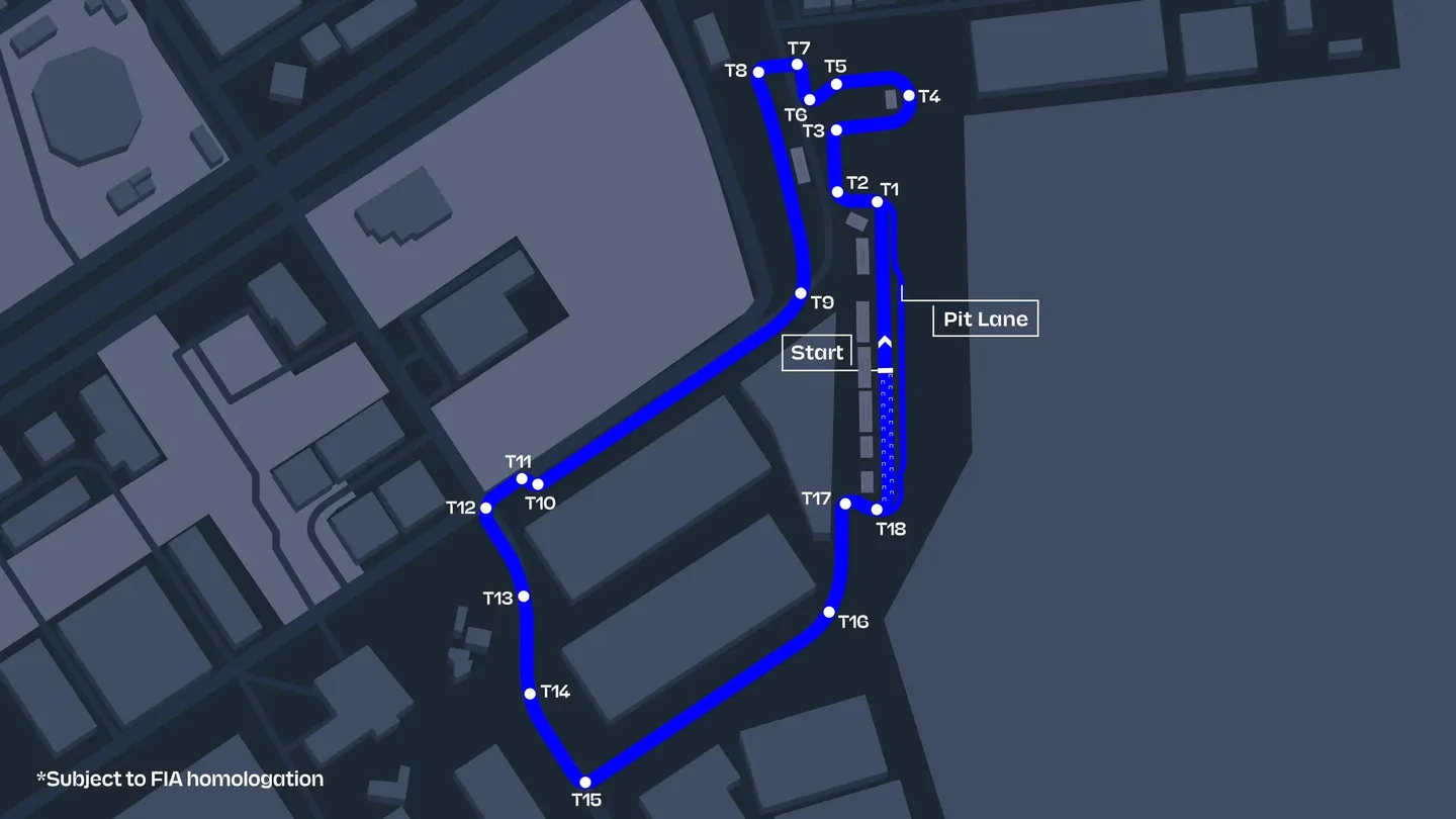 Official 2026 Tokyo E-Prix circuit map around Tokyo Big Sight showing 18 turns