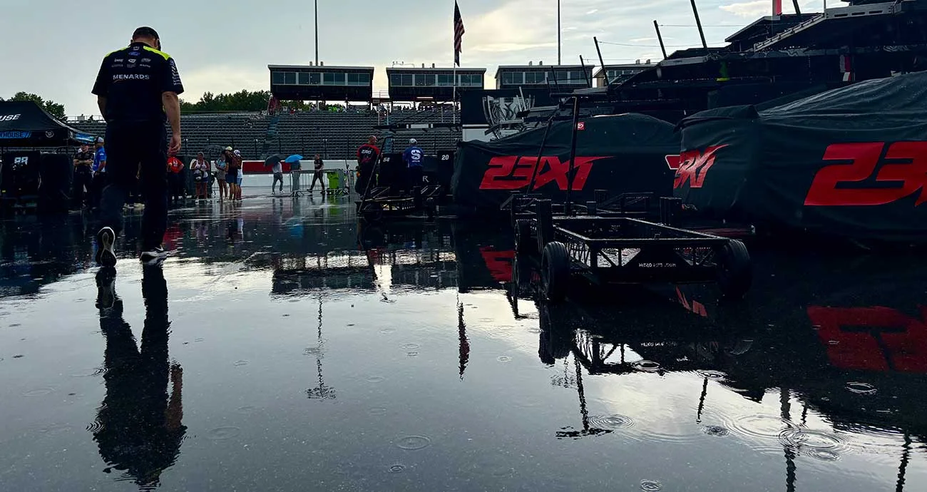 Rain falls at North Wilkesboro Speedway before the delayed Cup practice session