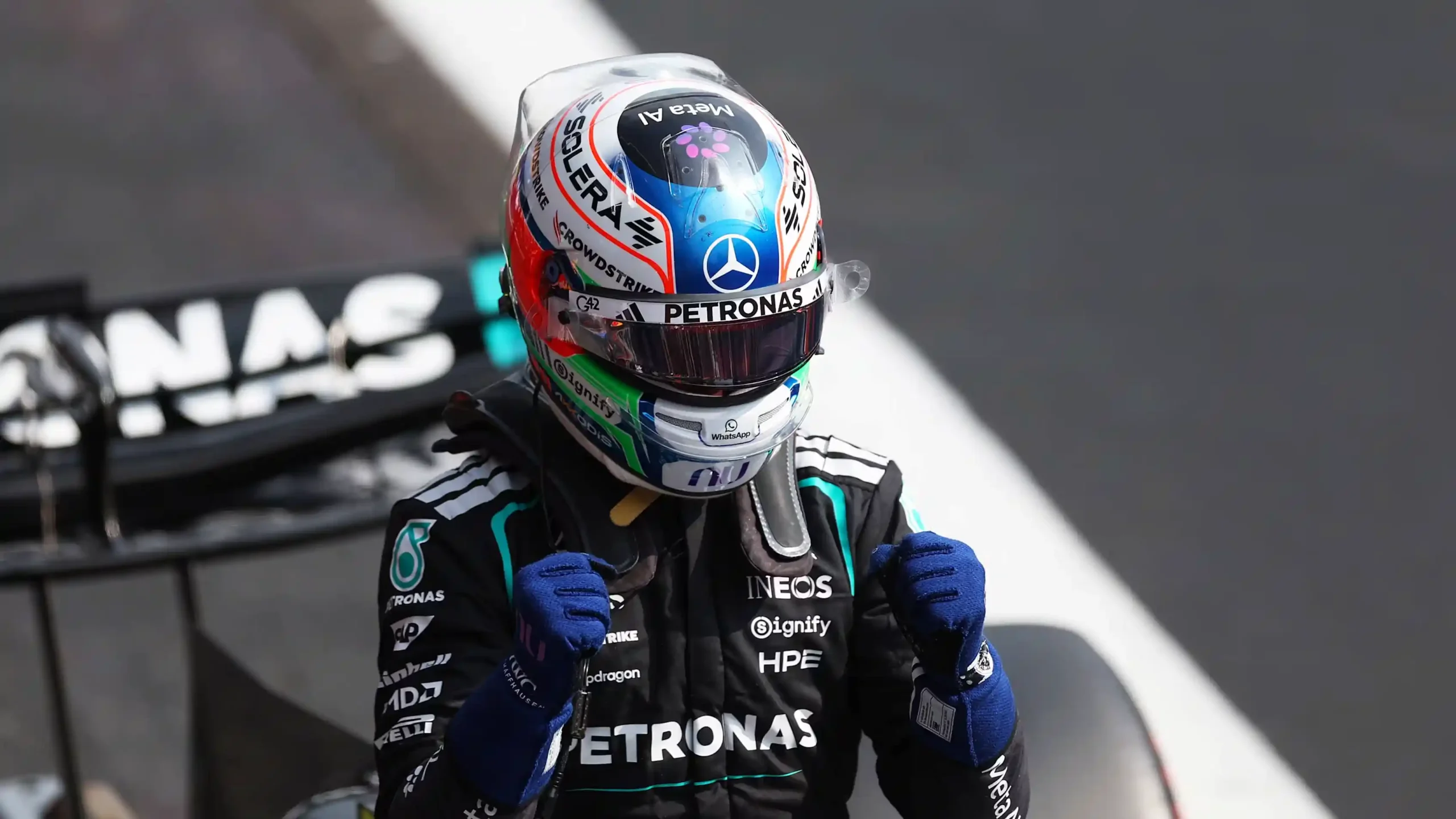Kimi Antonelli celebrates pole position for Mercedes after 2026 Belgian Grand Prix qualifying at Spa-Francorchamps