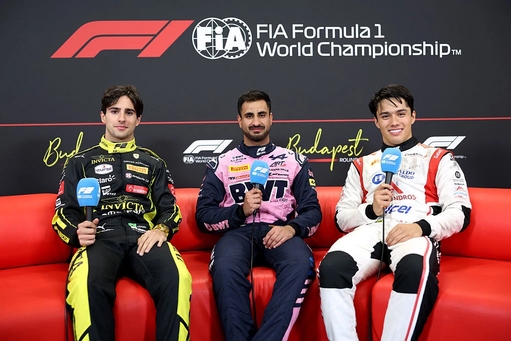 Rafael Camara, Kush Maini and Noel Leon after Budapest Formula 2 qualifying