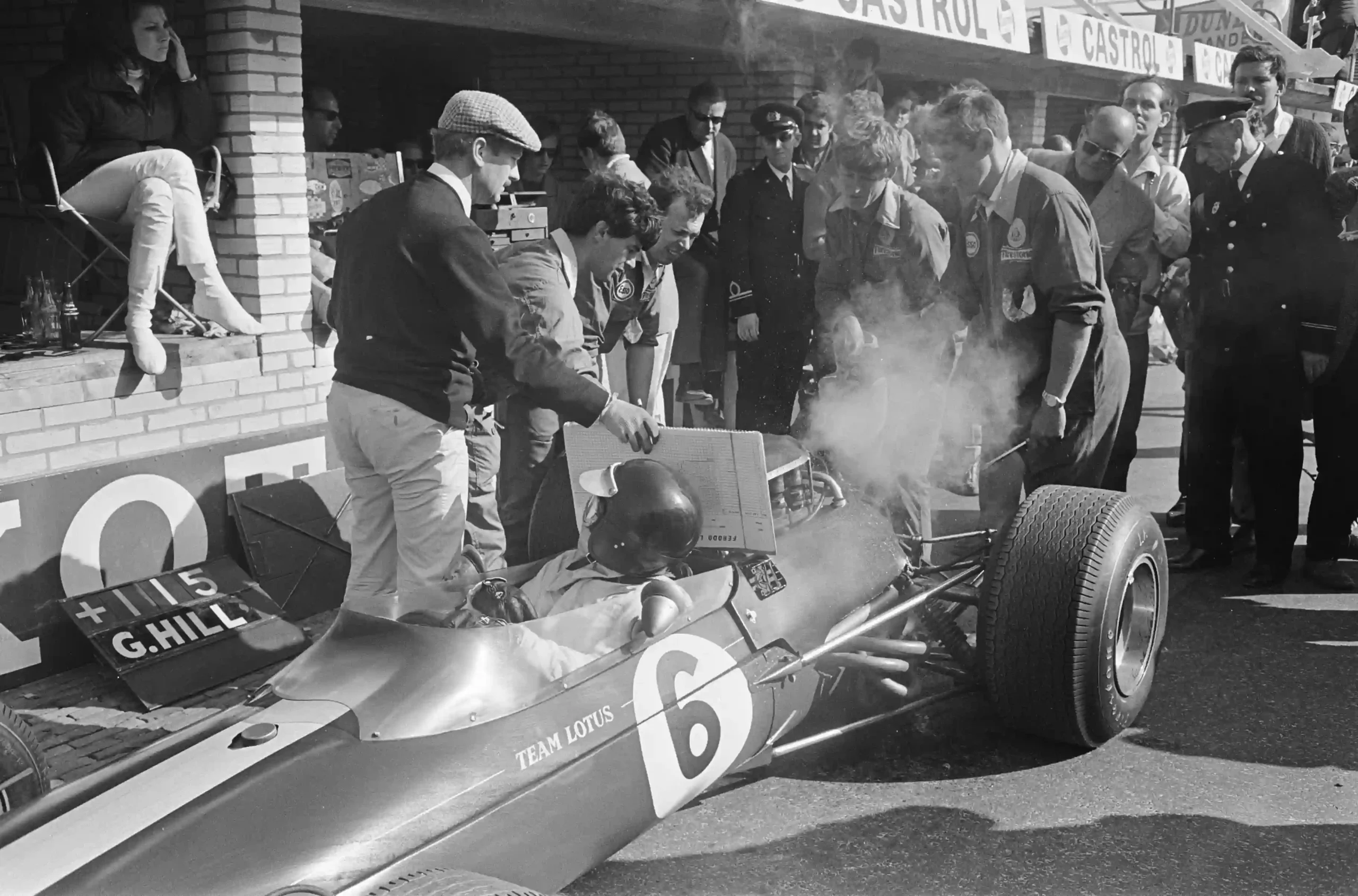 Jim Clark making a pit stop for cooling water during the 1966 Dutch Grand Prix at Zandvoort