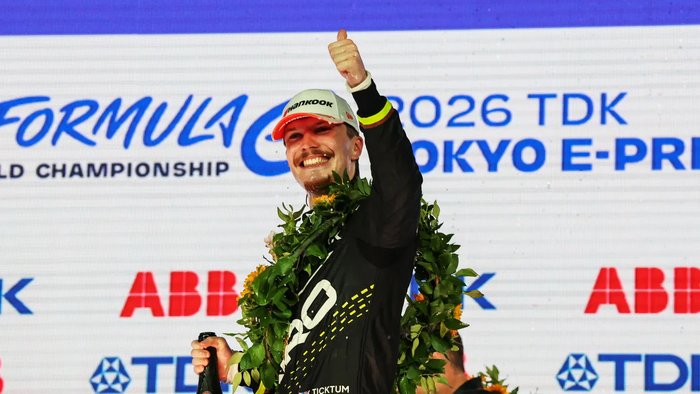 Dan Ticktum celebrates after winning Round 14 of the 2026 Tokyo E-Prix