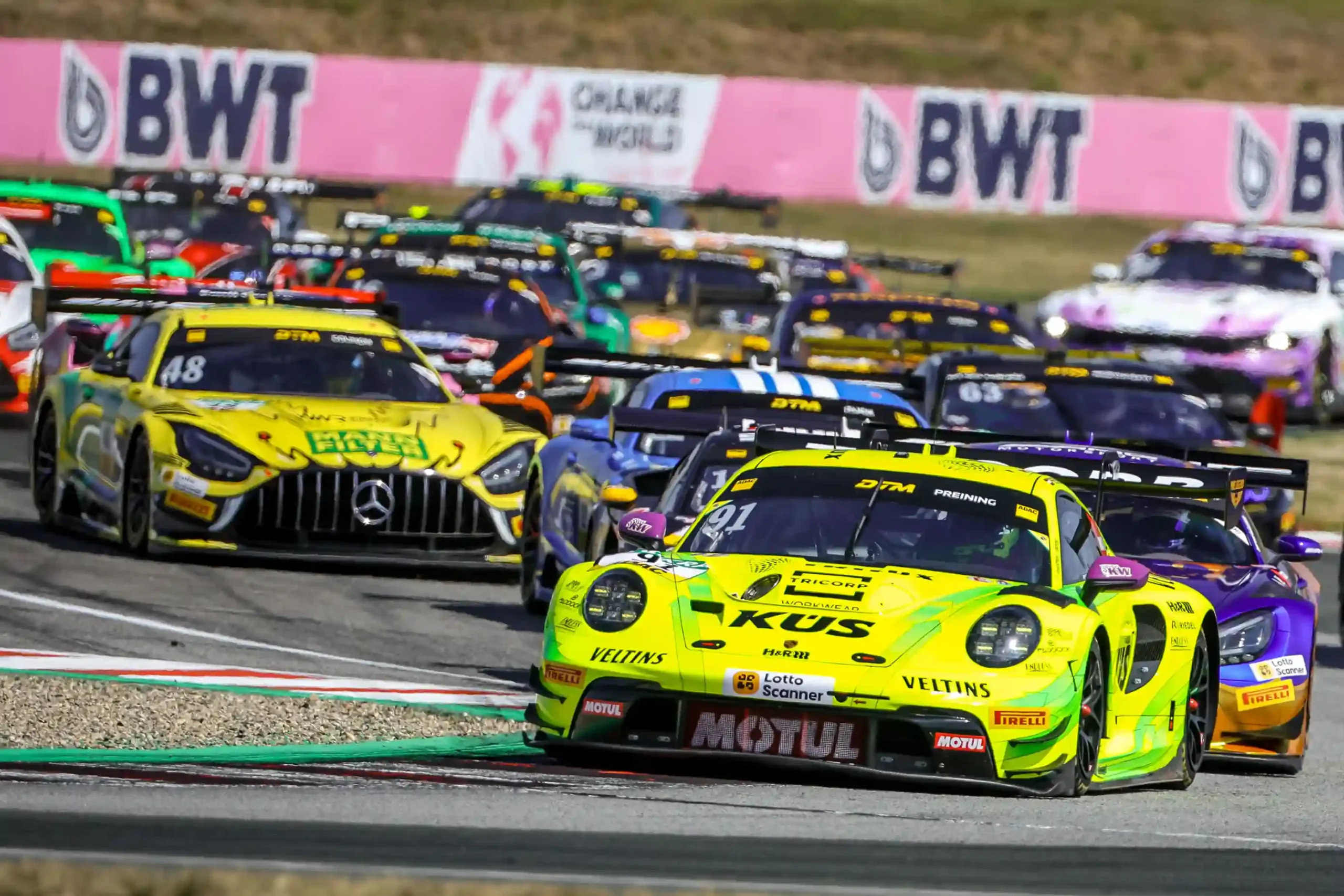 Thomas Preining leads the DTM field during the 2026 Oschersleben race weekend