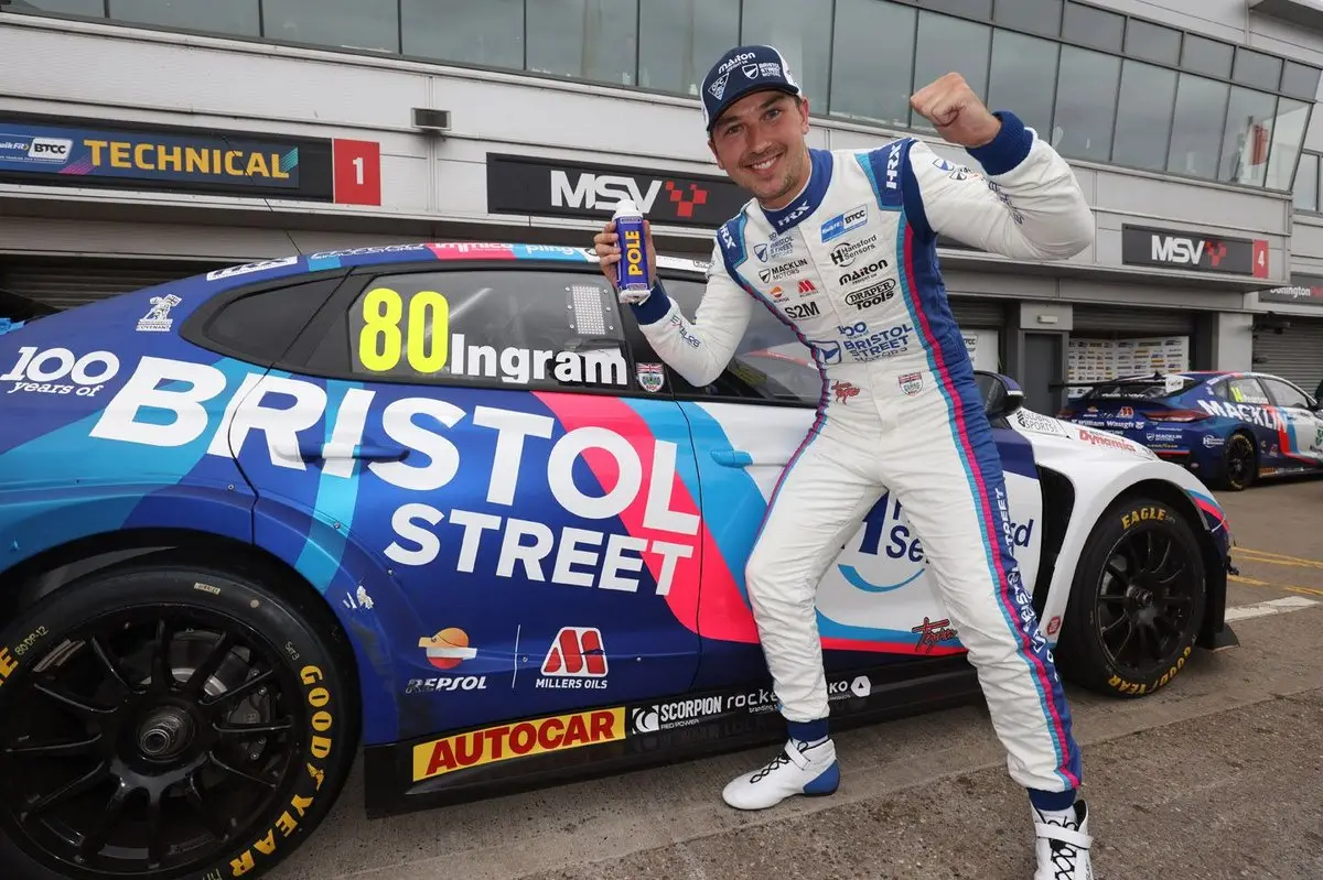 Tom Ingram celebrating a British Touring Car Championship pole position at Donington Park