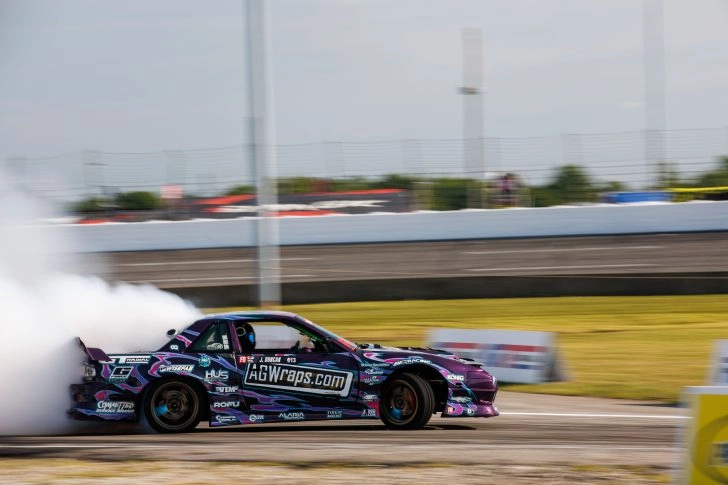 Jacob Duncan drifting his Nissan S13 during Formula DRIFT Indianapolis 2026