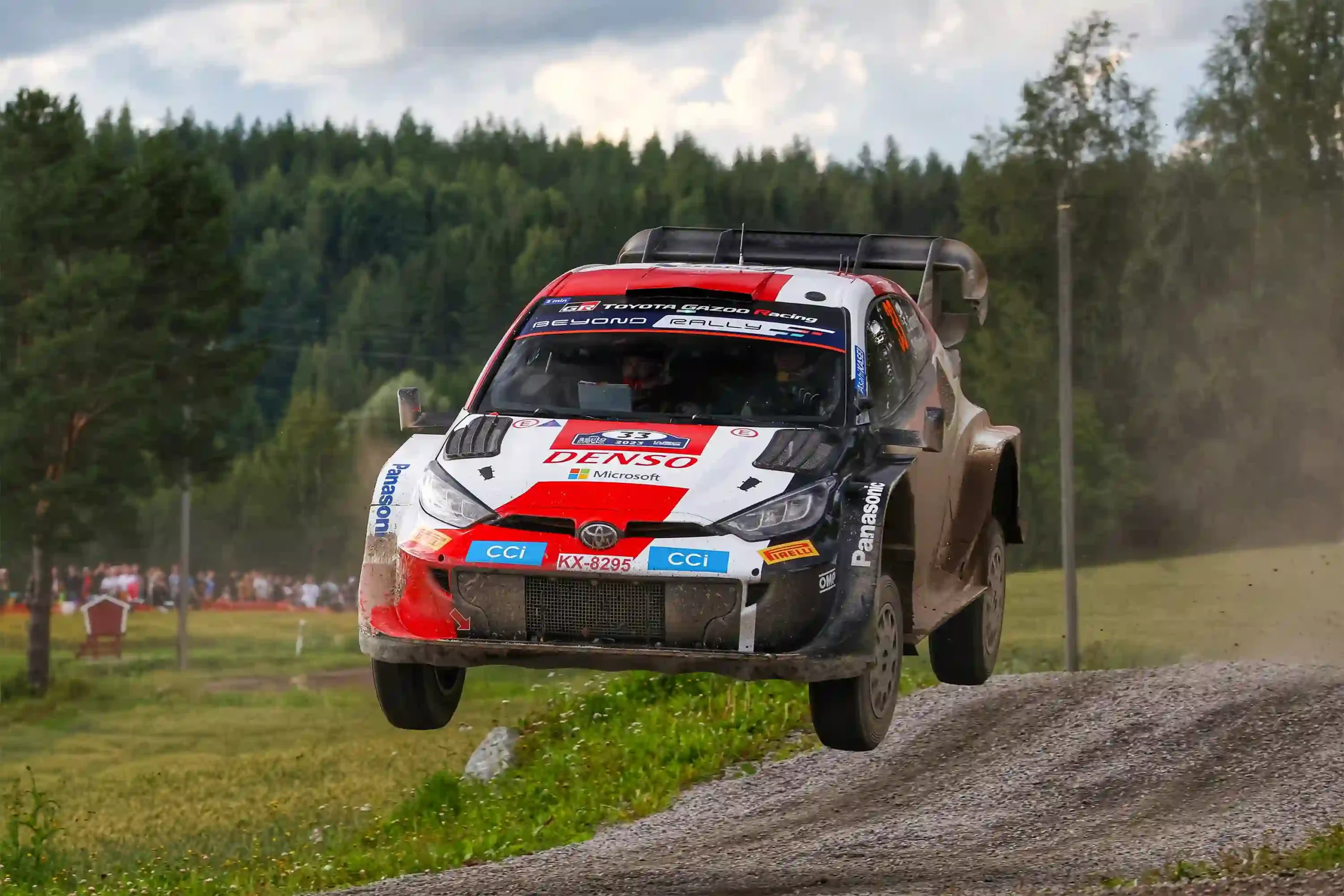 Toyota GR Yaris Rally1 airborne on a fast gravel stage at Rally Finland 2023