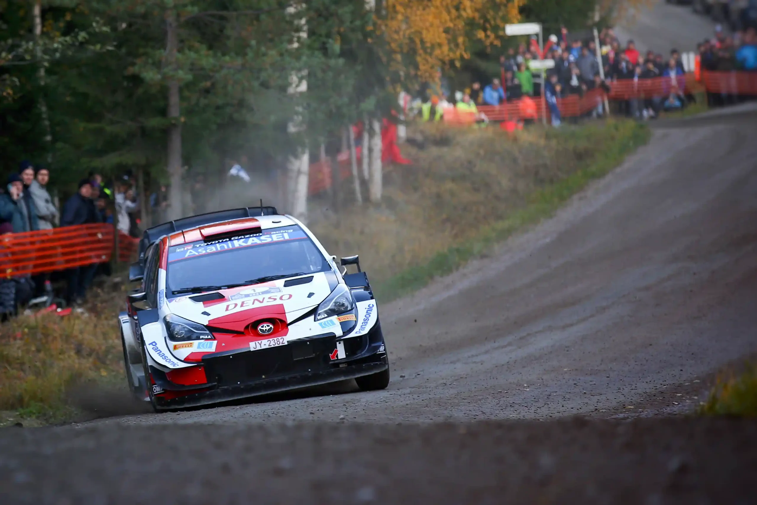 Toyota Yaris WRC on a fast gravel road at Rally Finland