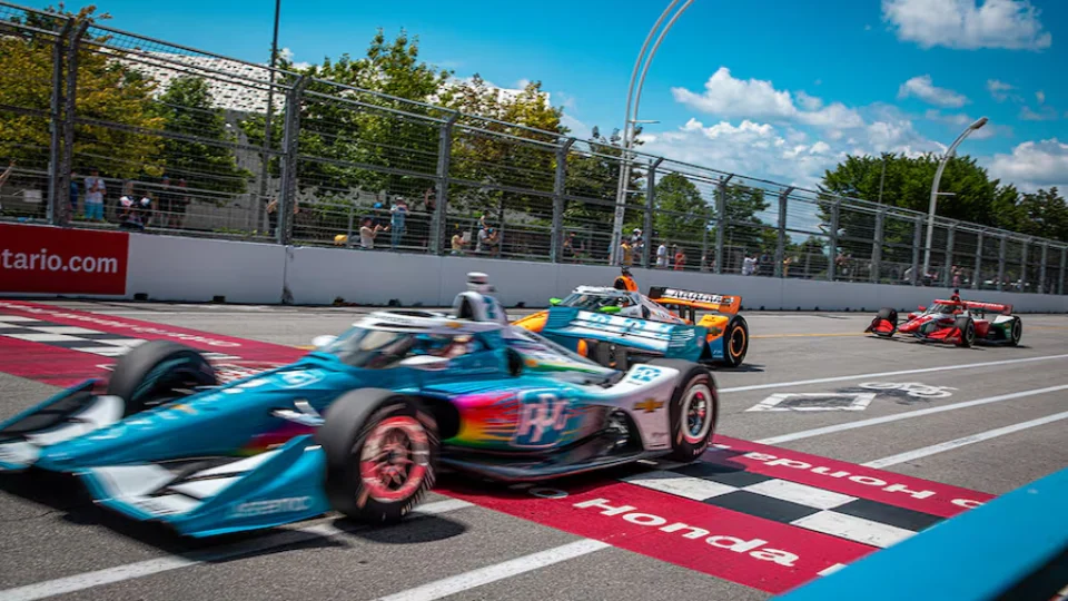 INDYCAR cars racing on a temporary Canadian street circuit