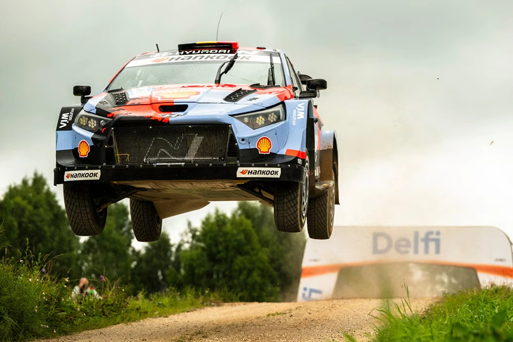 Hyundai i20 N Rally1 competing on the fast gravel roads of Rally Estonia 2026