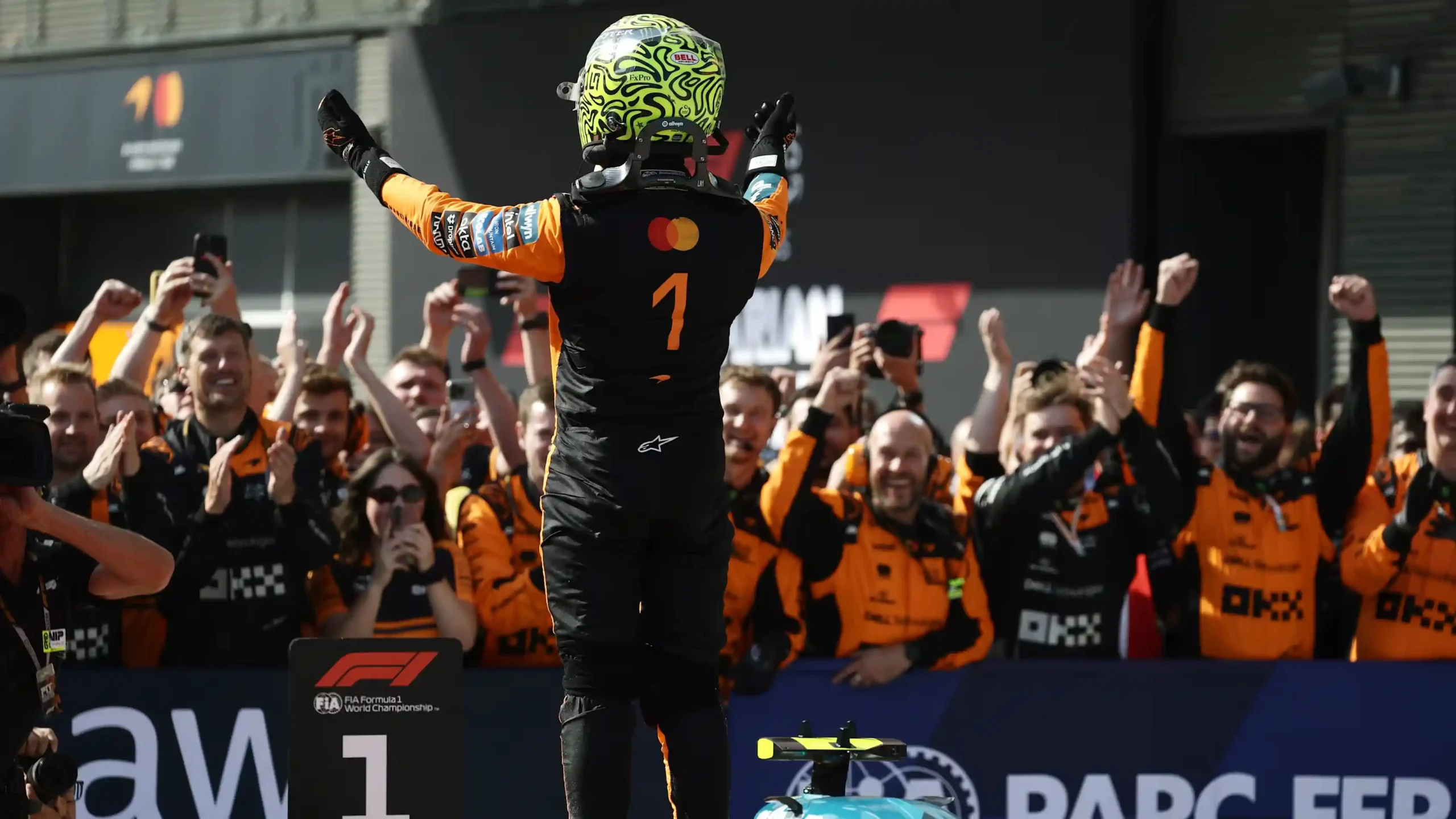 Lando Norris celebrates victory with McLaren after the 2026 Hungarian Grand Prix